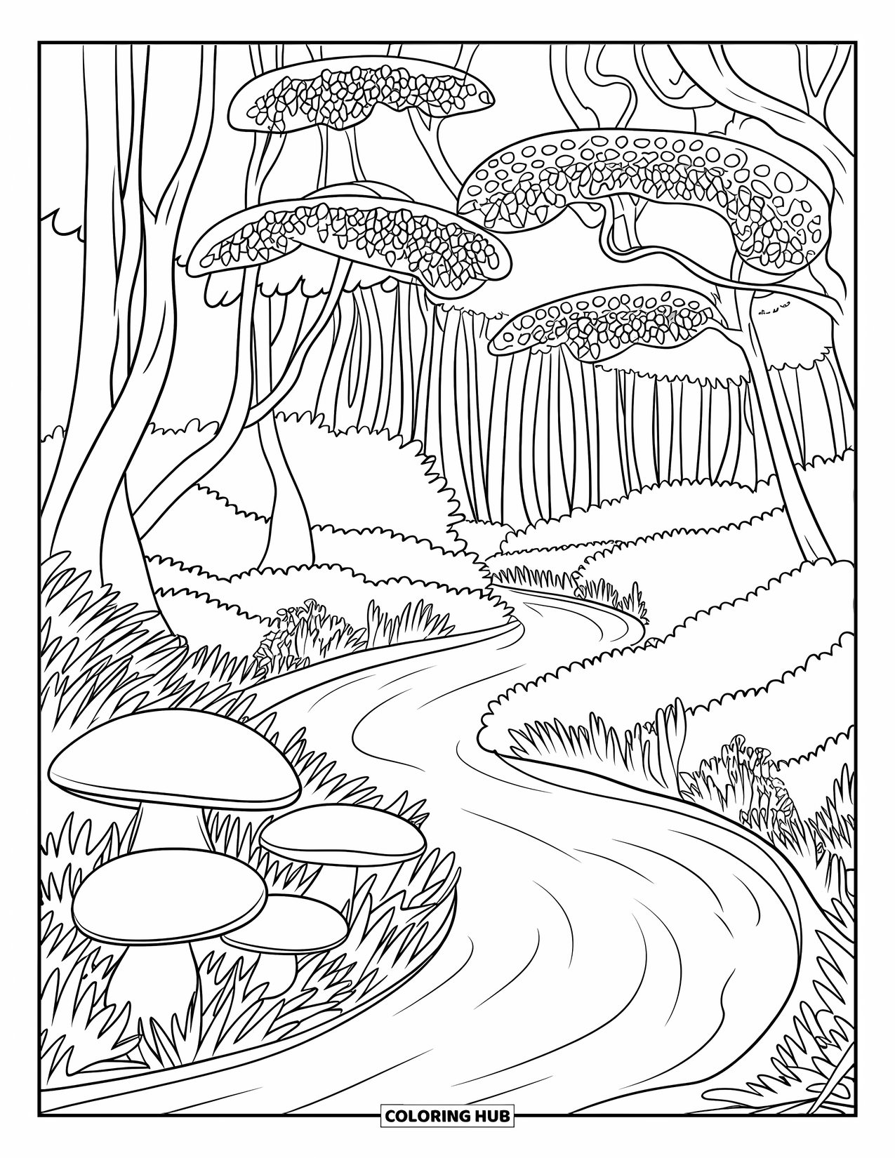 Enchanted Forest Coloring Page for Adults: Creek through dense woods, surrounded by mushrooms and detailed trees