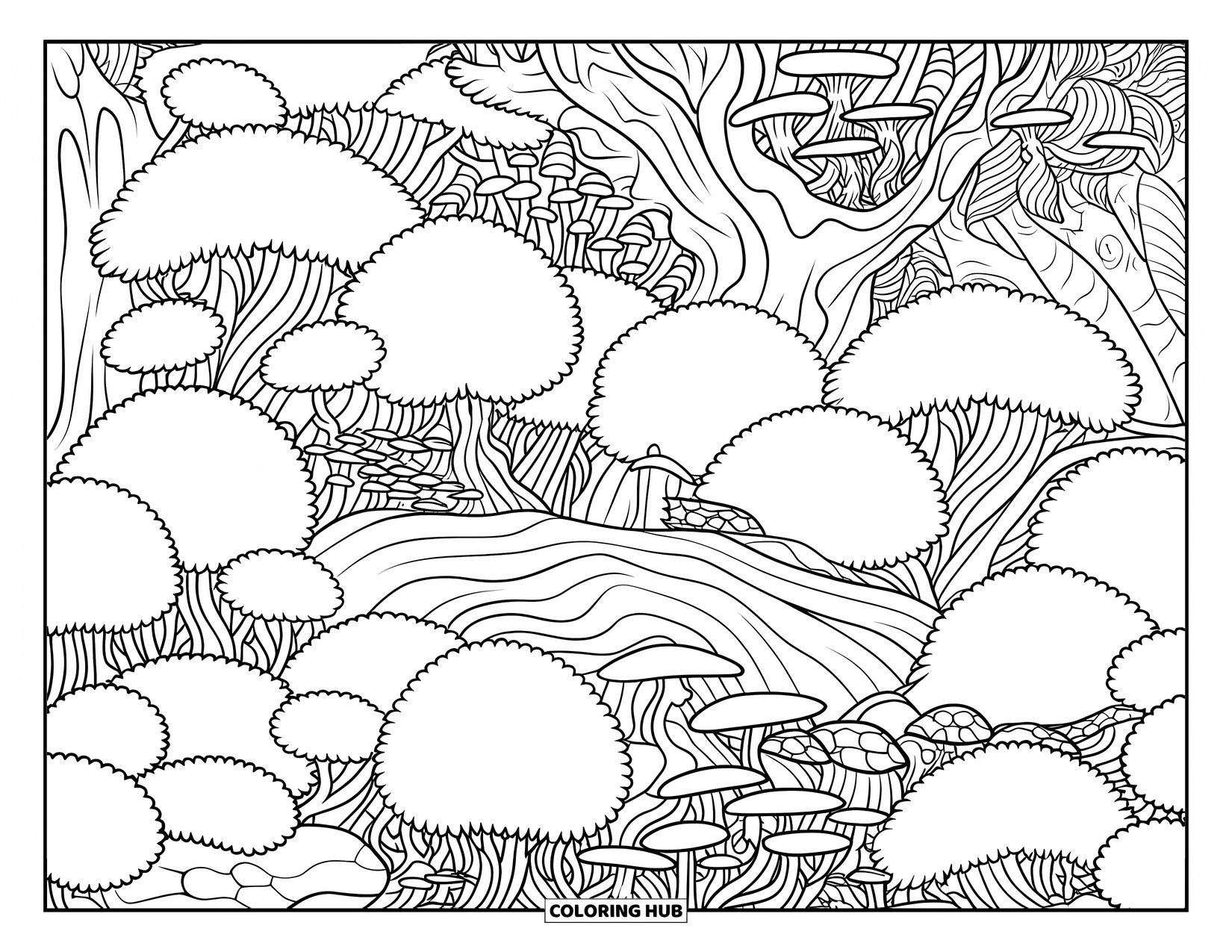 Enchanted Forest Coloring Page for Adults: Dense enchanted woodland with rich patterns in shrubs, tree bark, and grouped mushrooms