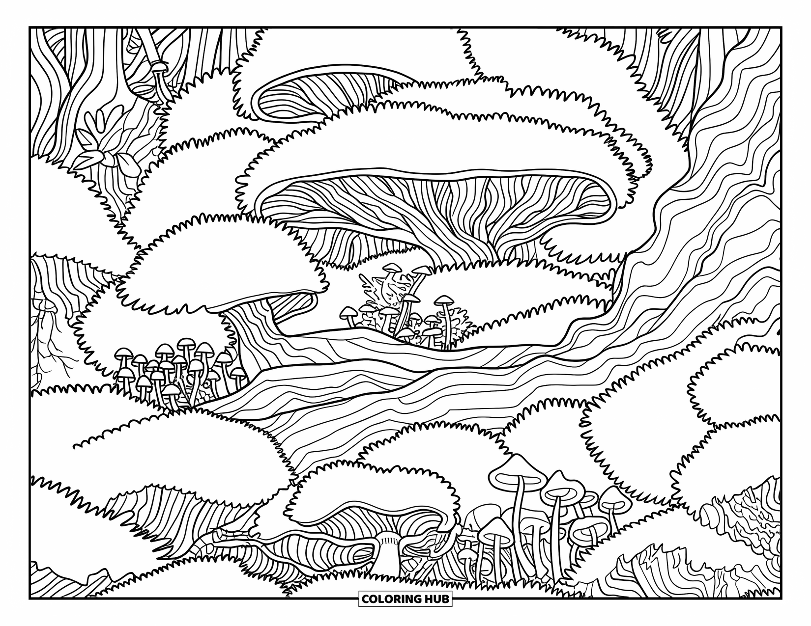 Enchanted Forest Coloring Page for Adults: Dense forest patch with overlapping shrubs, bark, and clustered mushrooms, full of intricate patterns