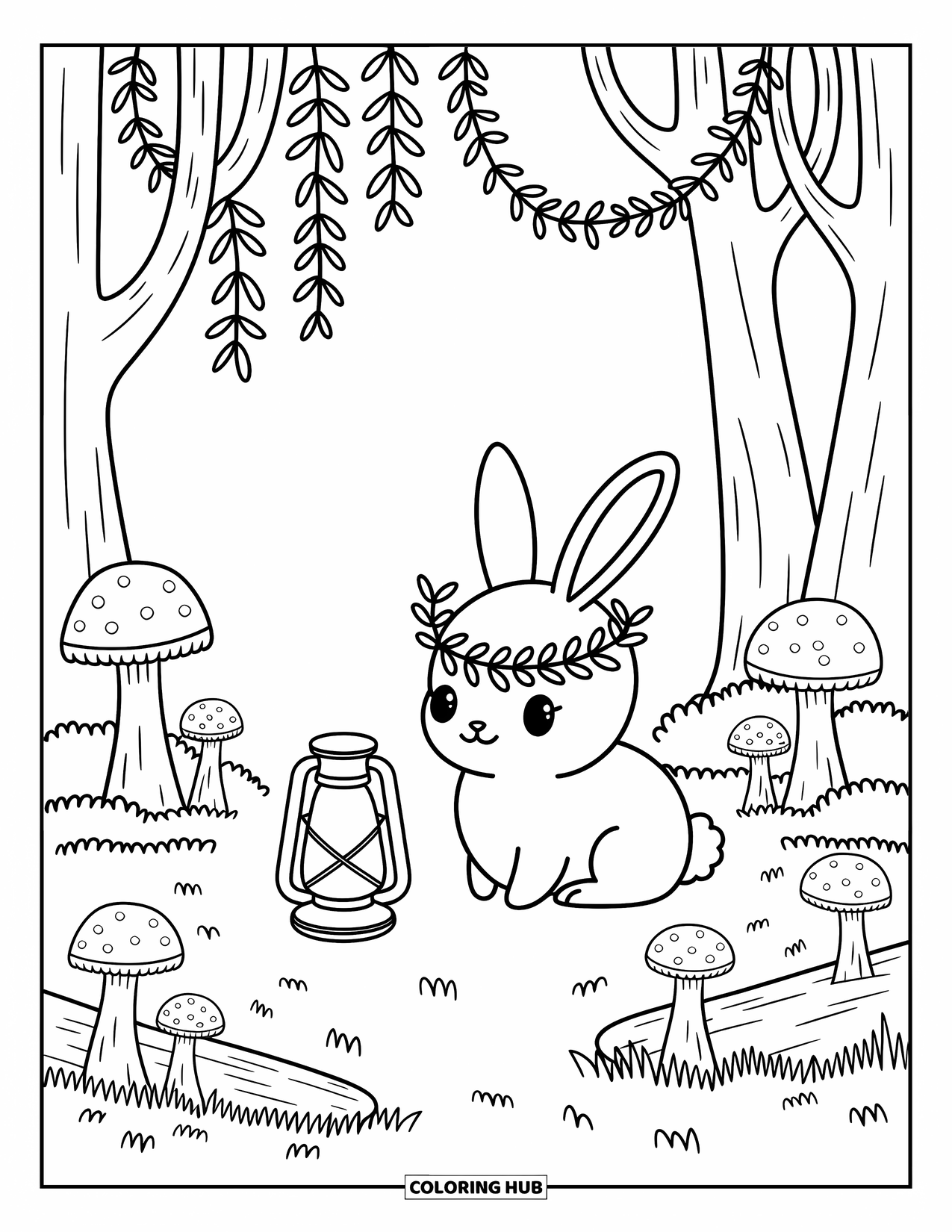 Enchanted Forest Coloring Page for Adults: Enchanted bunny rests in a forest nook with lanterns and toadstools