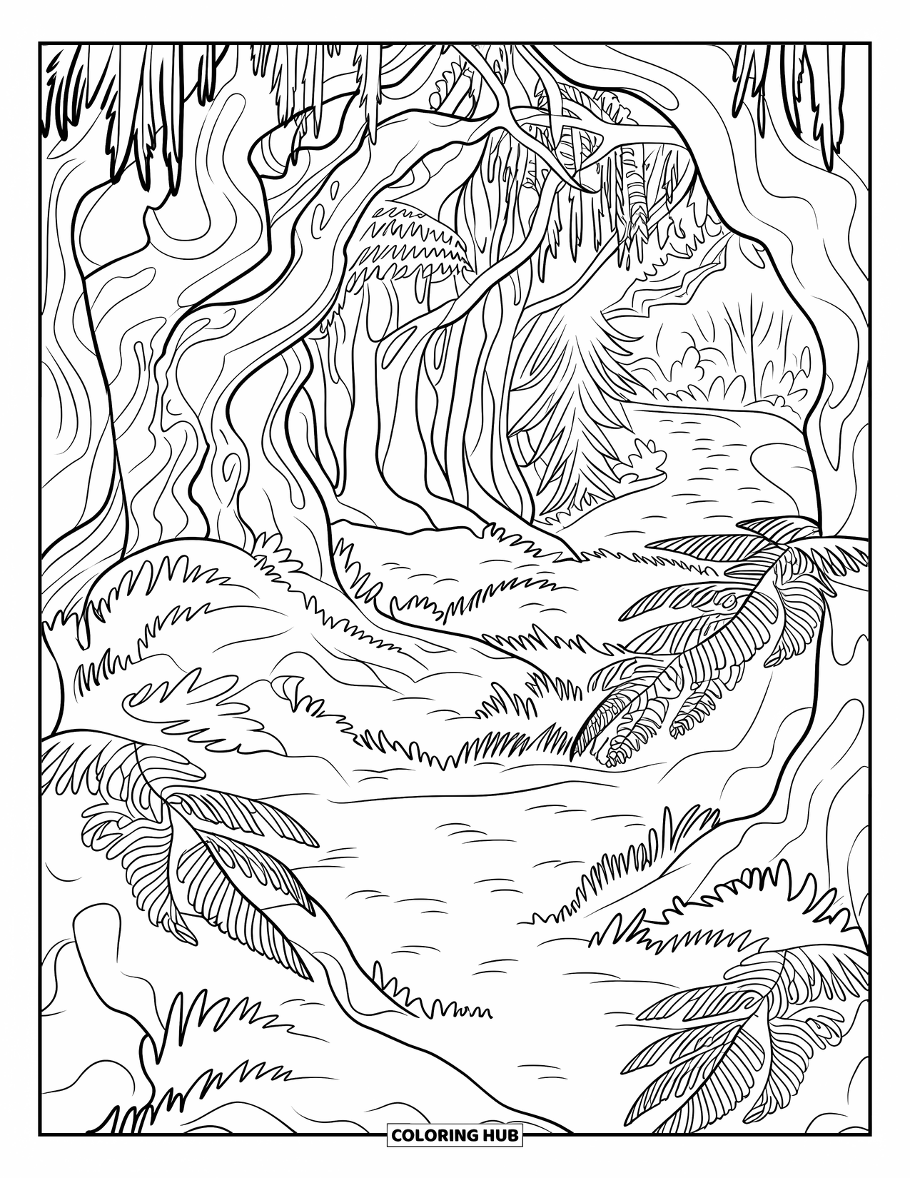 Enchanted Forest Coloring Page for Adults: Enchanted glade filled with moss, ferns, and twisted trees leading to a soft path