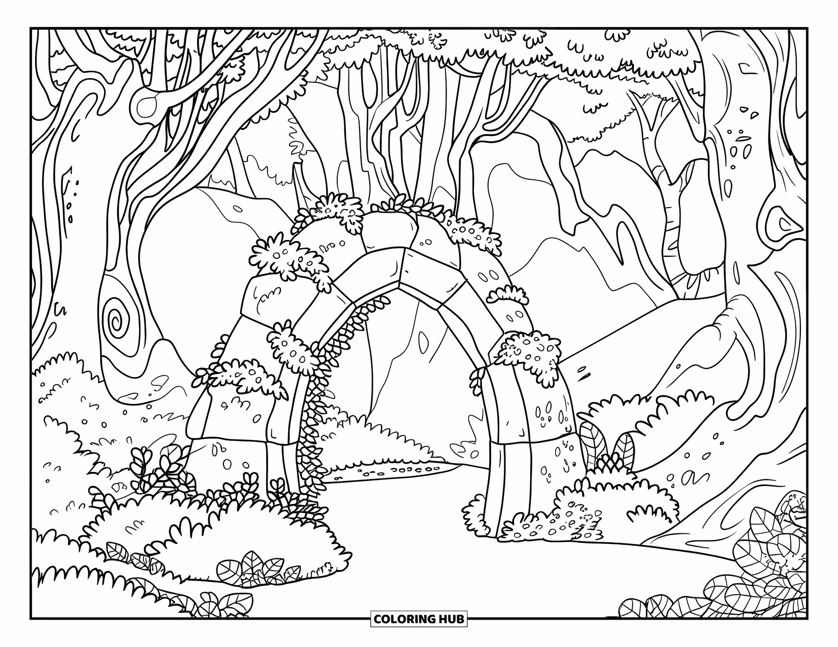 Enchanted Forest Coloring Page for Adults: Forest archway with path, ivy-covered trunks, and a mountain range in the distance