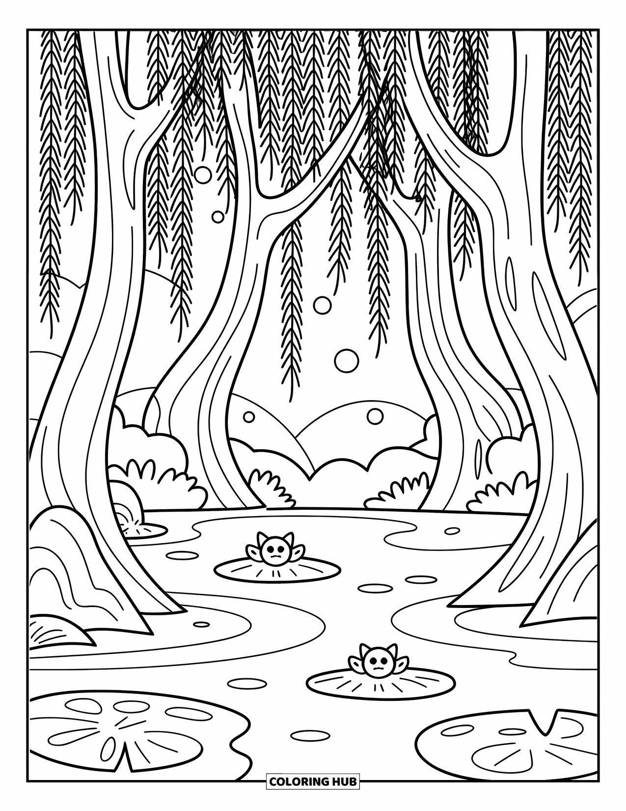 Enchanted Forest Coloring Page for Adults: Forest pond with arching willows, floating pads, and glowing magical orbs