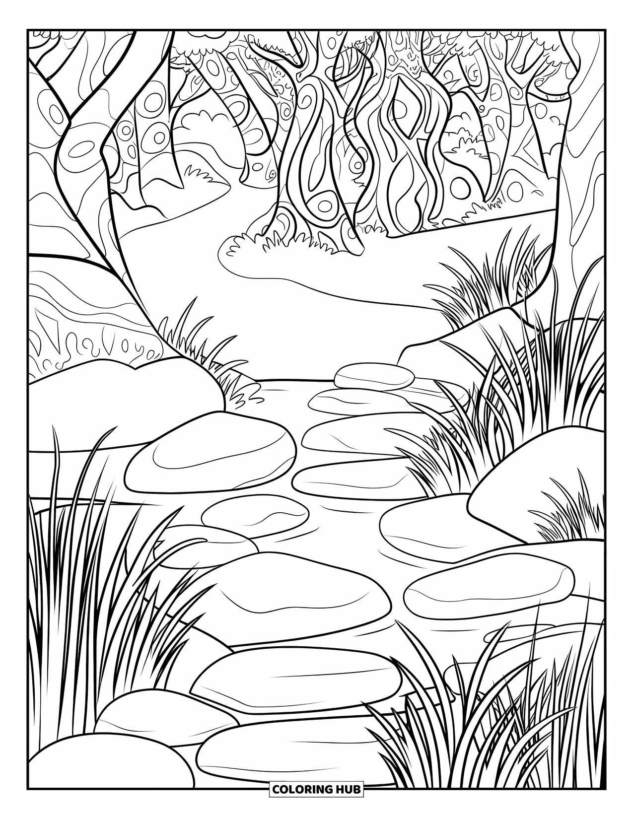Enchanted Forest Coloring Page for Adults: Forest spring surrounded by stones, grasses, and patterned tree canopies