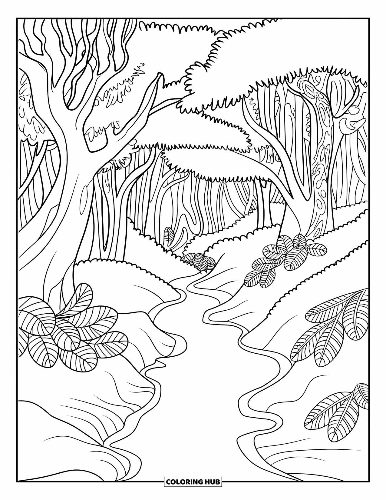 Enchanted Forest Coloring Page for Adults: Gentle creek flows through forest with bold leaf clusters hanging over the banks