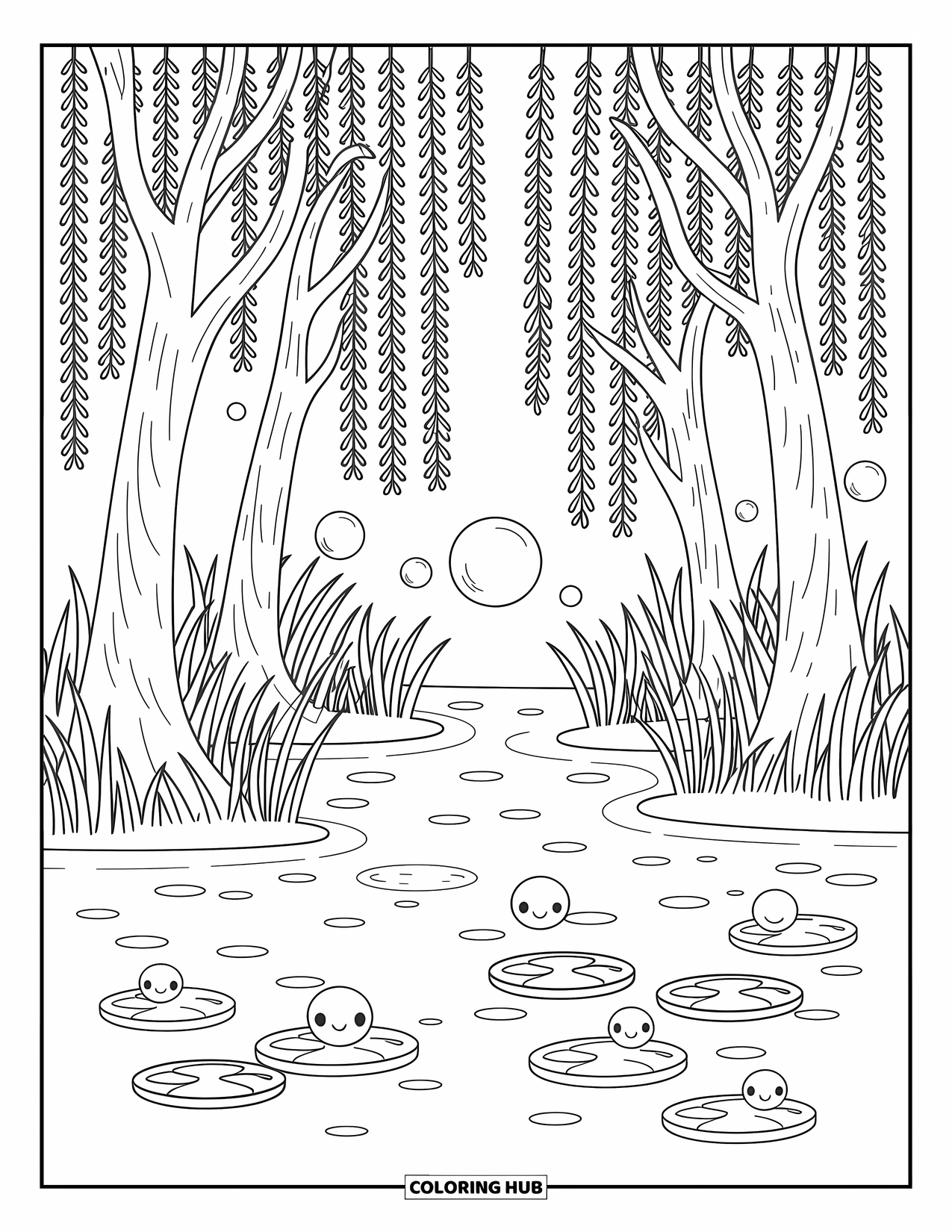 Enchanted Forest Coloring Page for Adults: Gentle willows hang over a quiet pond filled with orbs and lily pads