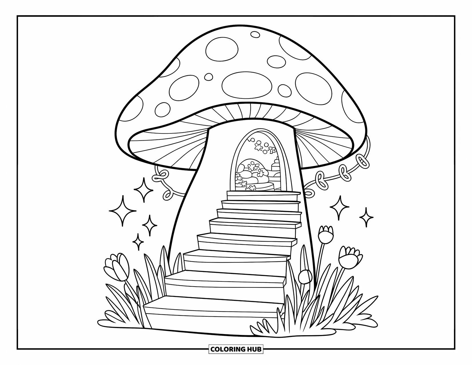 Enchanted Forest Coloring Page for Adults: Giant mushroom staircase leads to a cozy nook among flowers and sparkles