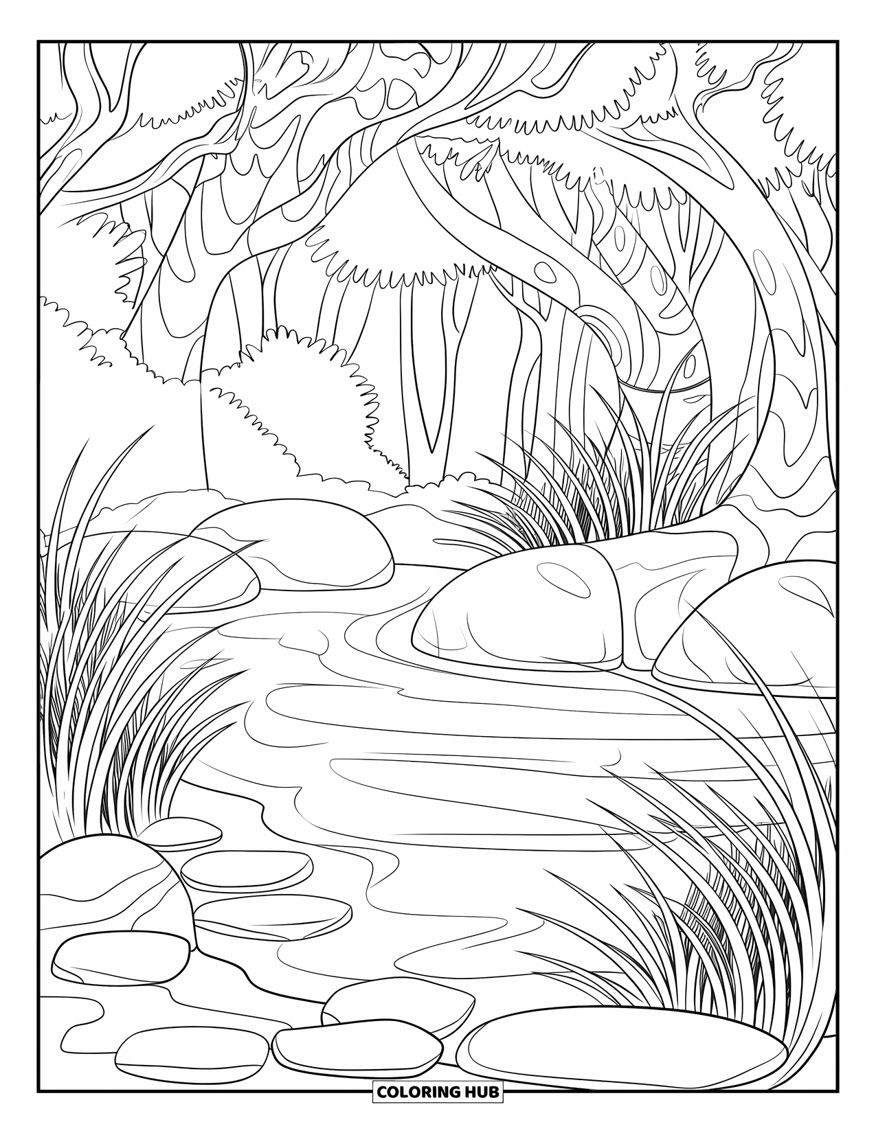 Enchanted Forest Coloring Page for Adults: Hidden spring in forest with tall grasses, smooth stones, and arching trees