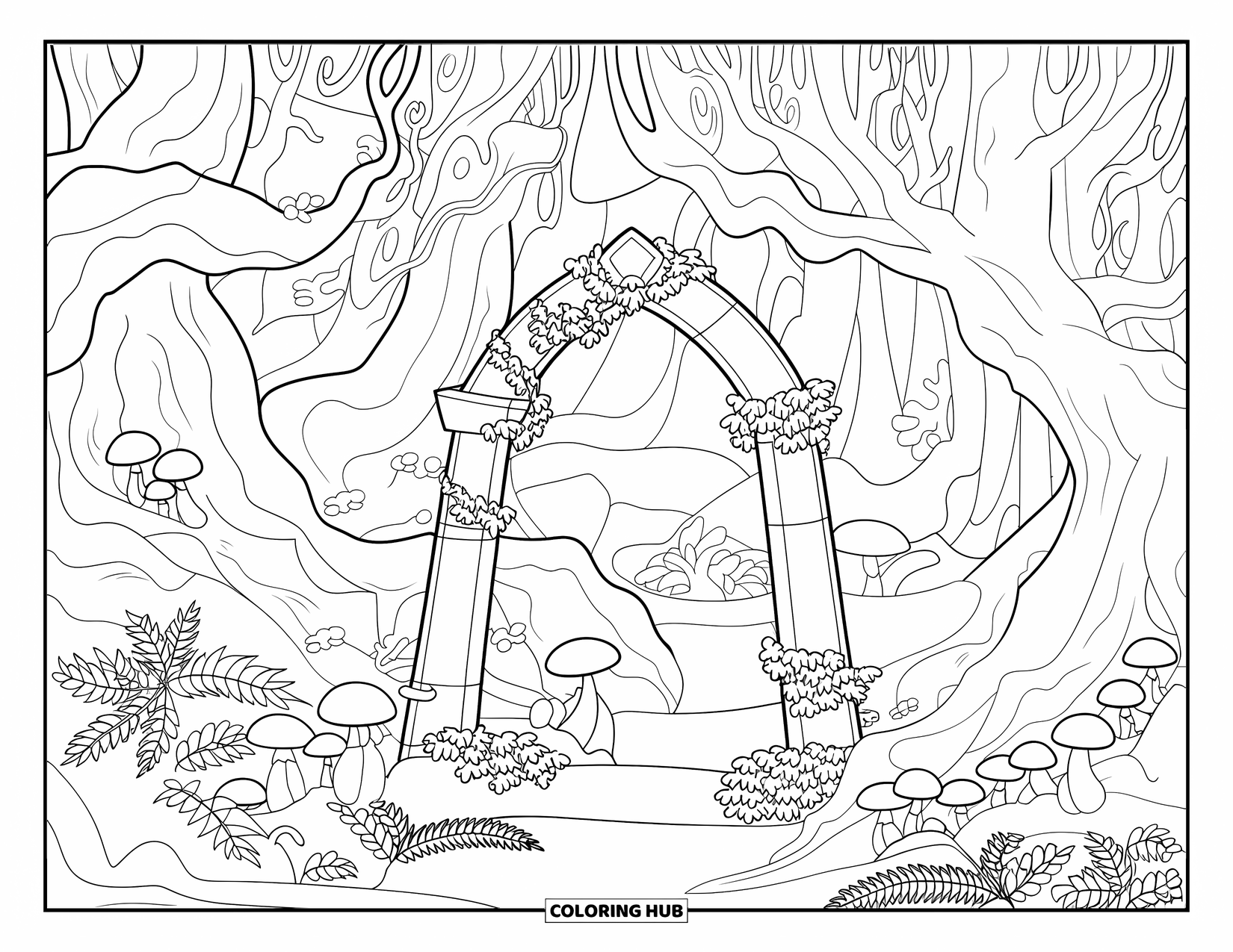 Enchanted Forest Coloring Page for Adults: Large arch surrounded by ferns, mushrooms, and twisted trees in a mysterious forest