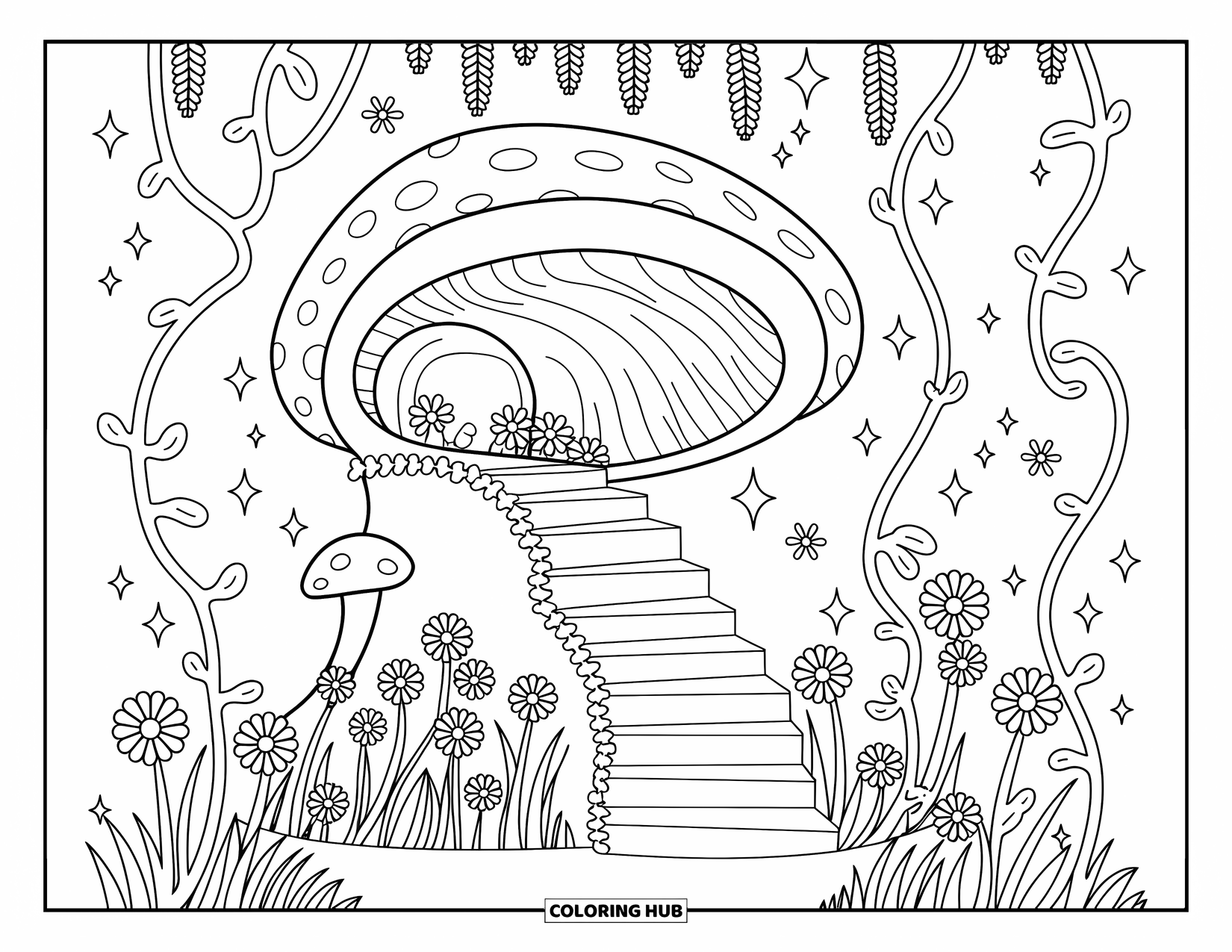 Enchanted Forest Coloring Page for Adults: Mossy staircase climbs a giant mushroom beneath blooming wildflowers and sparkles