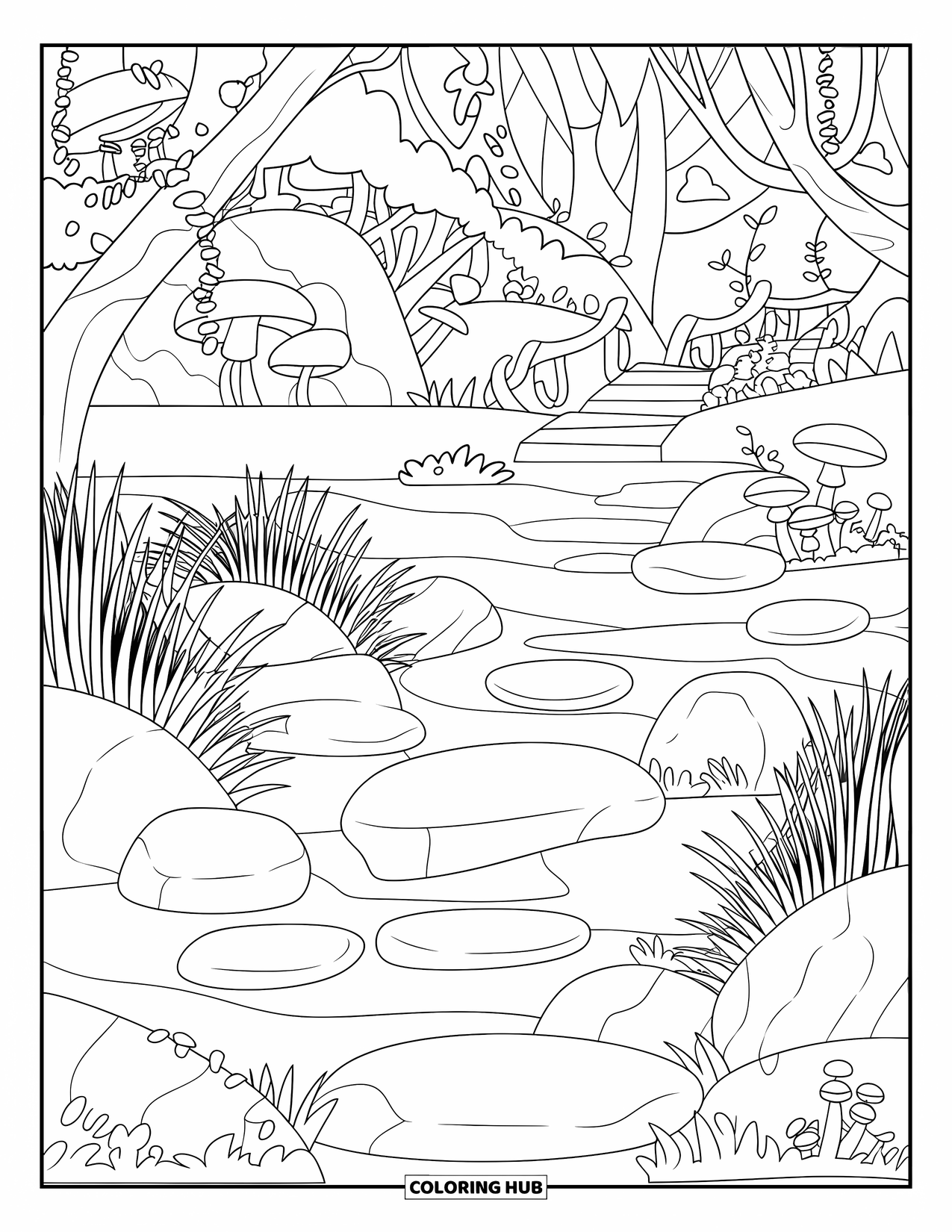 Enchanted Forest Coloring Page for Adults: Spring with a small bridge, vines, mushrooms, and arching forest trees