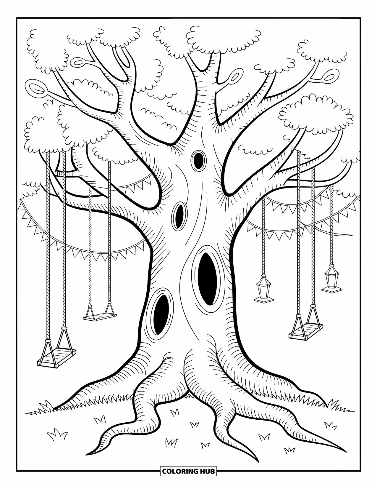 Enchanted Forest Coloring Page for Adults: Tall forest tree with hanging bridges, ropes, and tiny flag garlands