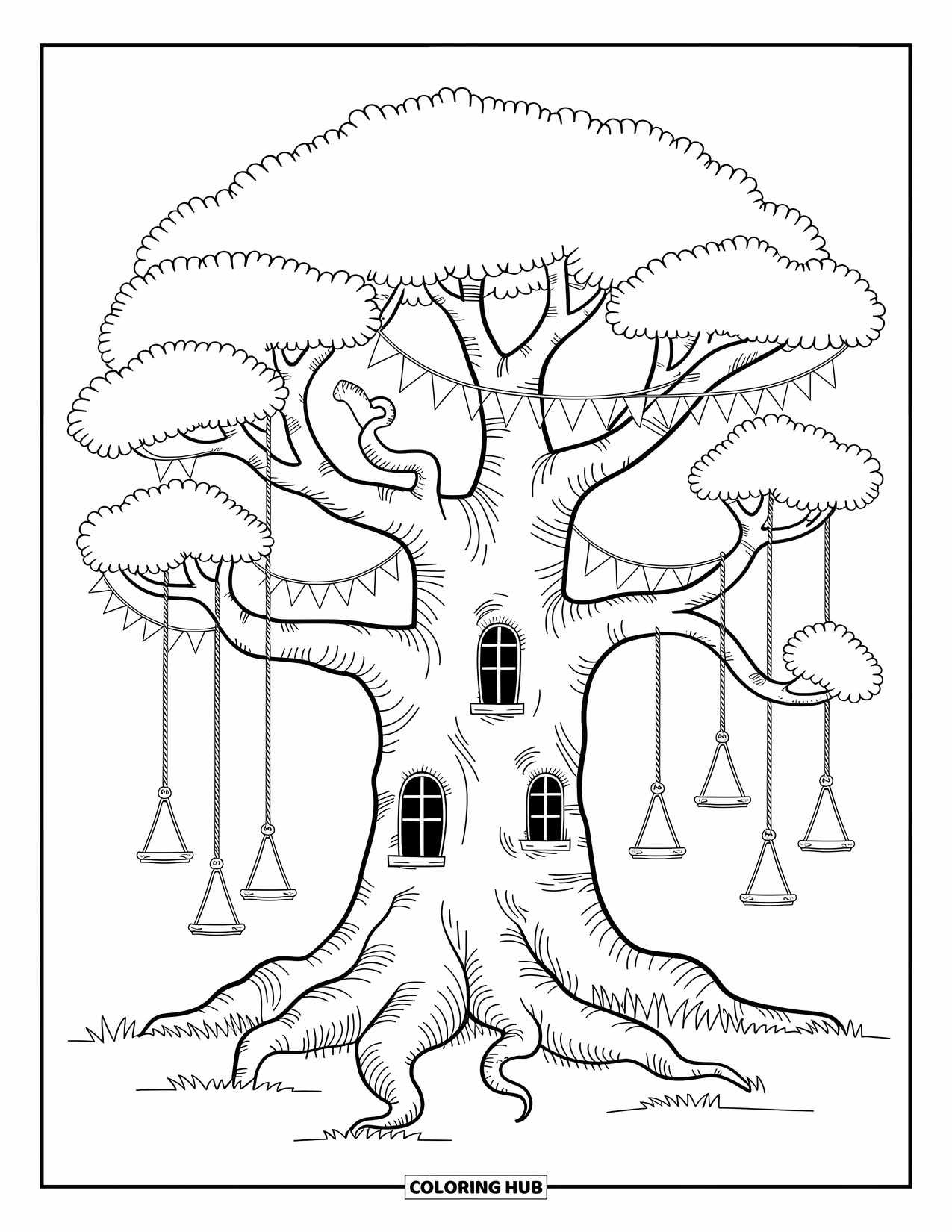 Enchanted Forest Coloring Page for Adults: Tree with twisted roots and bridges, lanterns, and playful leafy flags