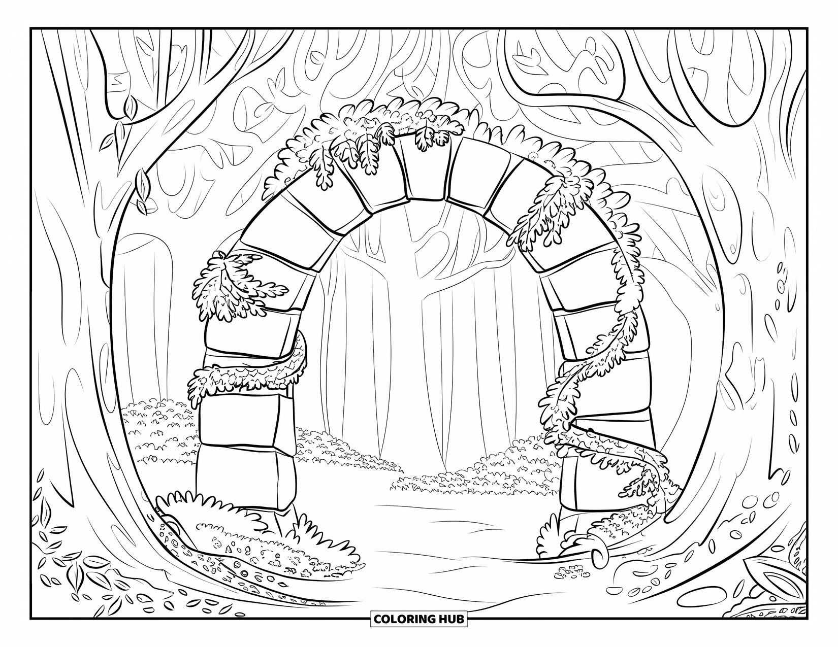 Enchanted Forest Coloring Page for Adults: Weathered stone arch in dense woods with ivy and a leafy forest floor