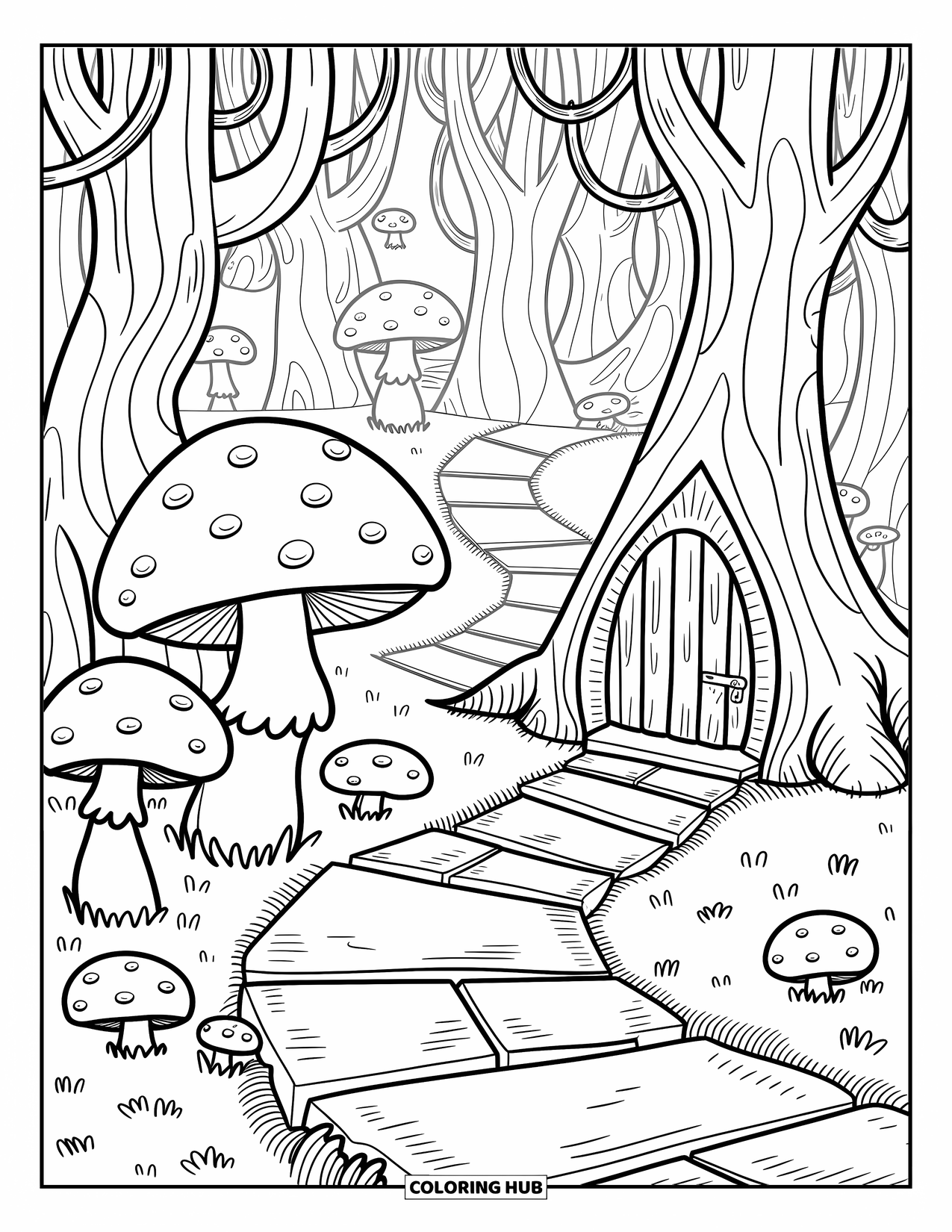 Enchanted Forest Coloring Page for Adults: Winding path through the forest leads to a small treehouse door