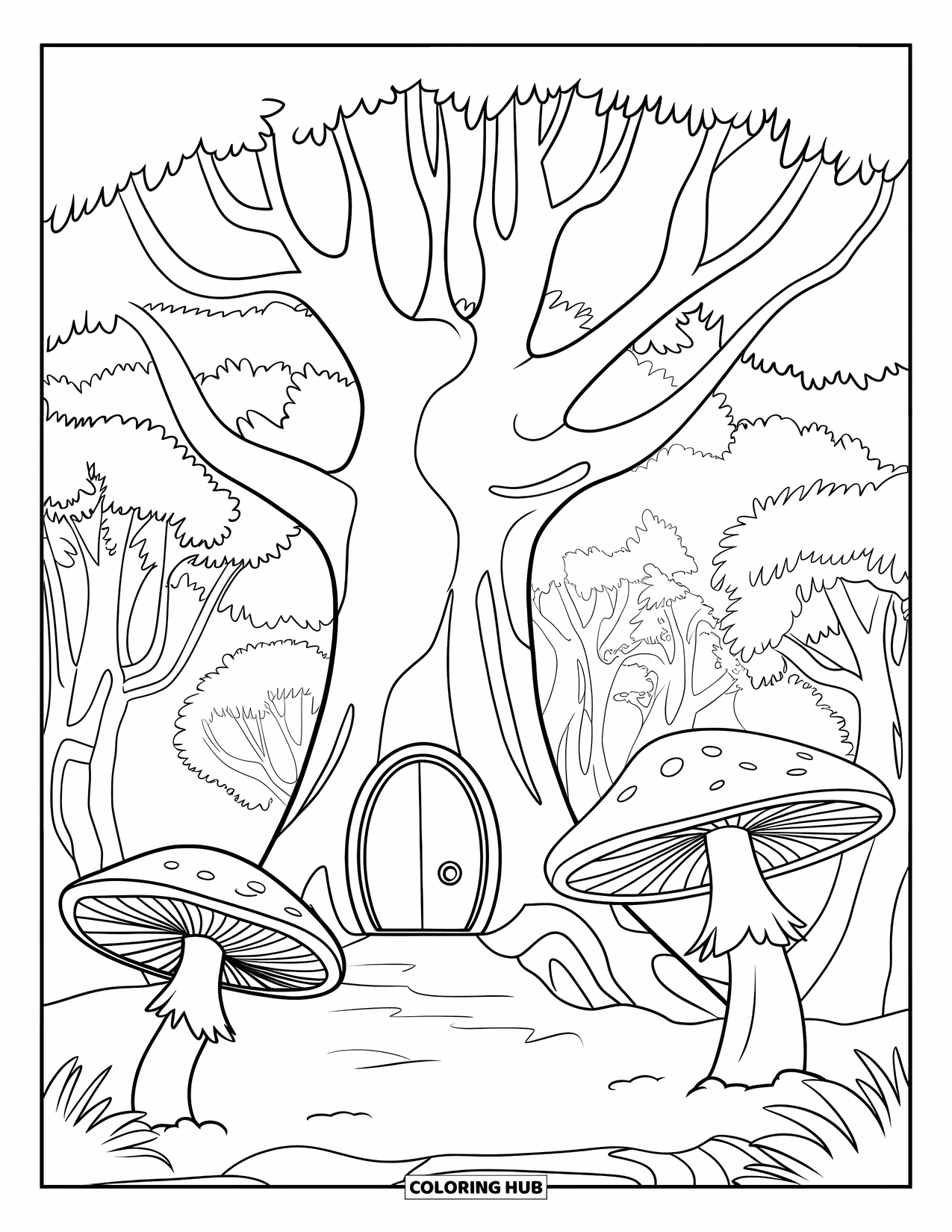 Enchanted Forest Coloring Page for Kids: Big forest tree with a door and giant mushrooms nearby