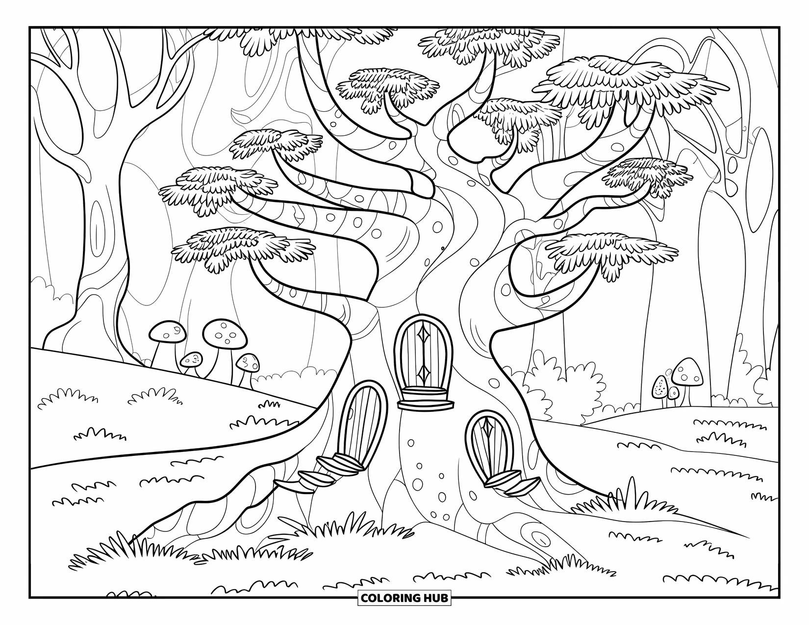 Enchanted Forest Coloring Page for Kids: Curled tree with tiny doors and mushroom shapes in a quiet forest