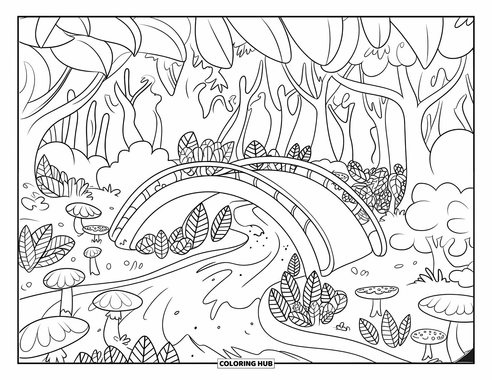 Enchanted Forest Coloring Page for Kids: Curved bridge over a tiny creek in a leafy forest
