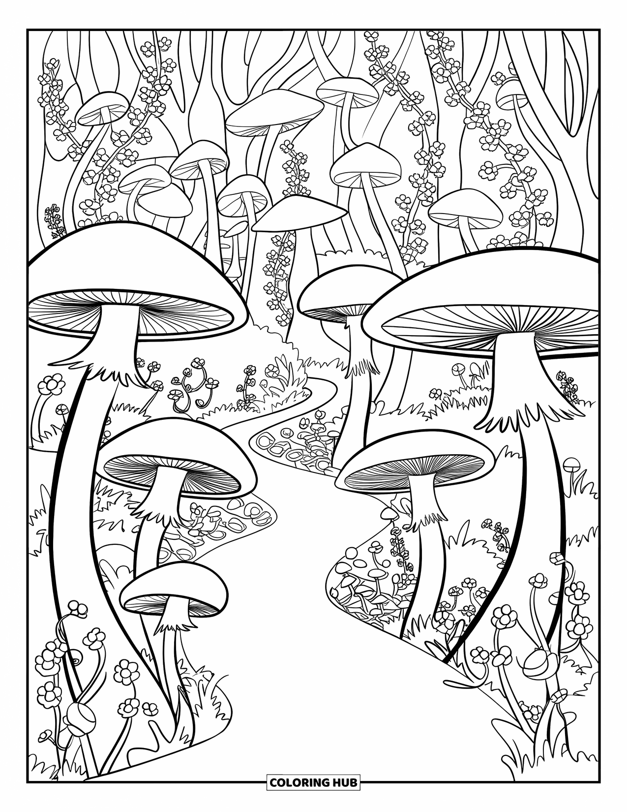 Enchanted Forest Coloring Page for Kids: Dense forest trail filled with mushrooms and curling vines