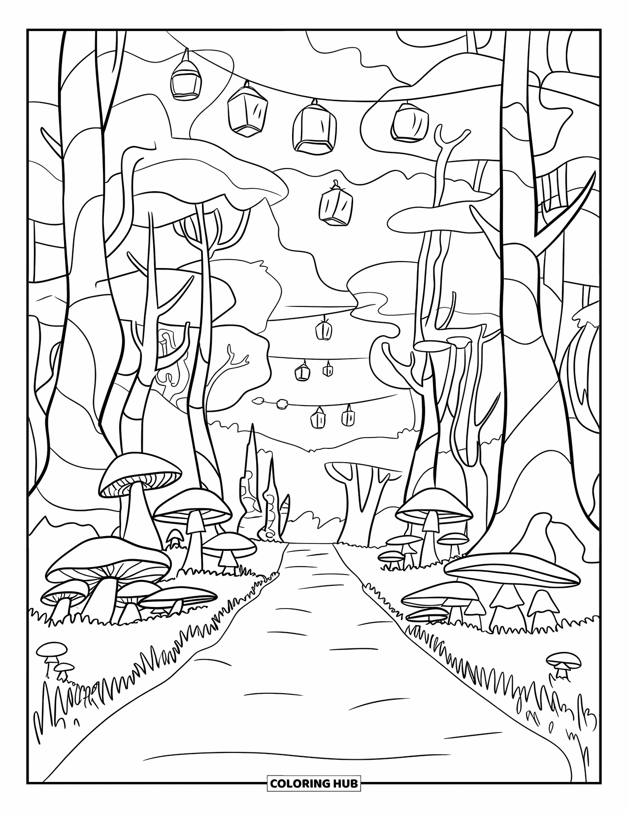 Enchanted Forest Coloring Page for Kids: Enchanted forest path with mushrooms, trees, and glowing lanterns
