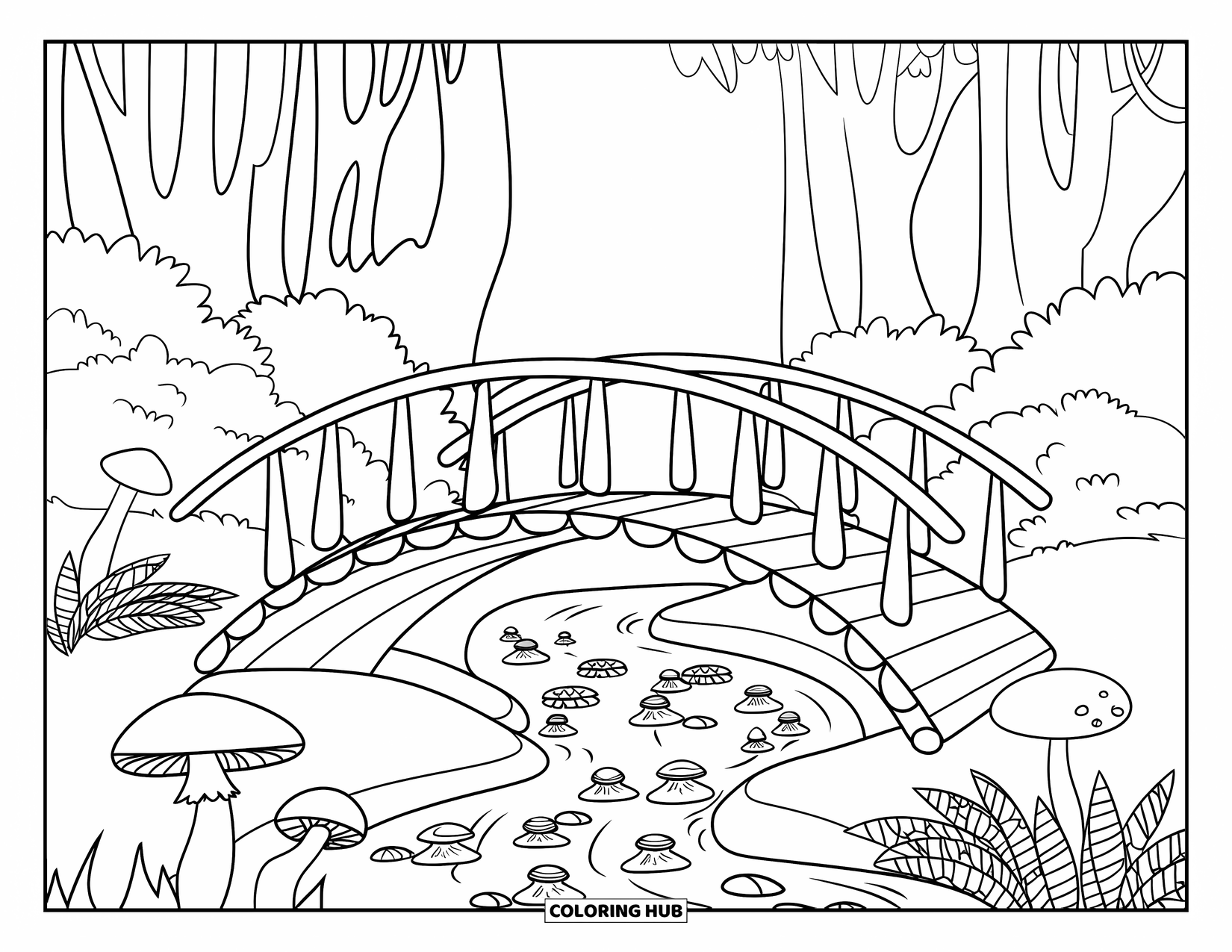 Enchanted Forest Coloring Page for Kids: Forest bridge over a creek with large mushrooms and tall trees