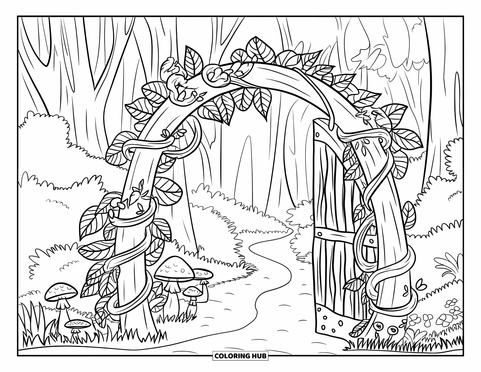 Enchanted Forest Coloring Page for Kids: Forest gate made of vines leading to a hidden path