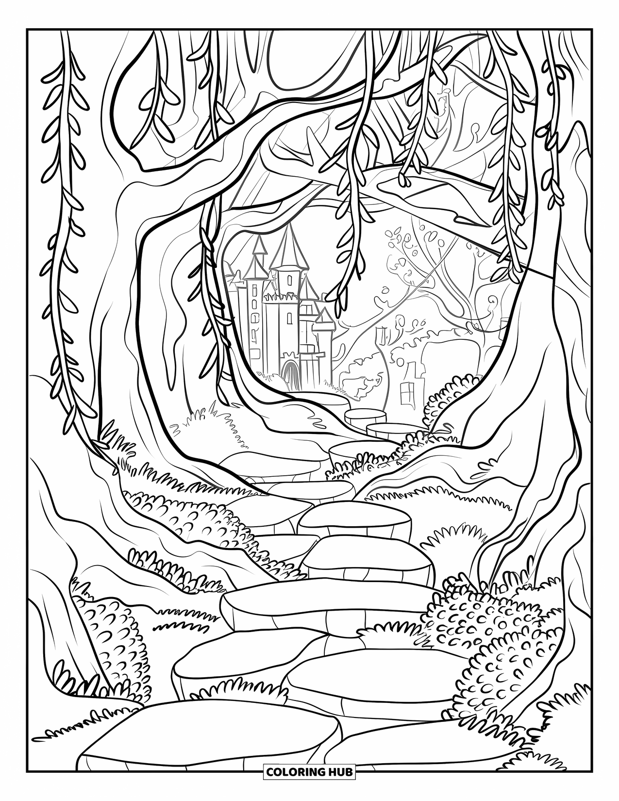 Enchanted Forest Coloring Page for Kids: Forest path under hanging vines leading to a hidden castle