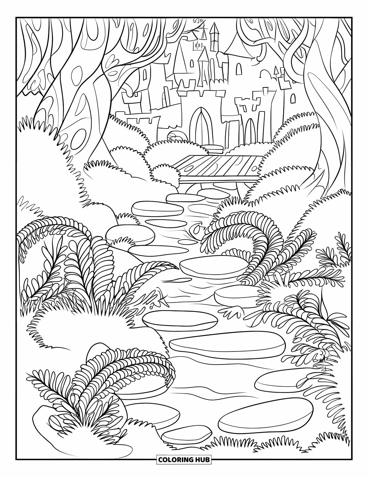 Enchanted Forest Coloring Page for Kids: Forest spring with spiral stones, plants, and a castle backdrop