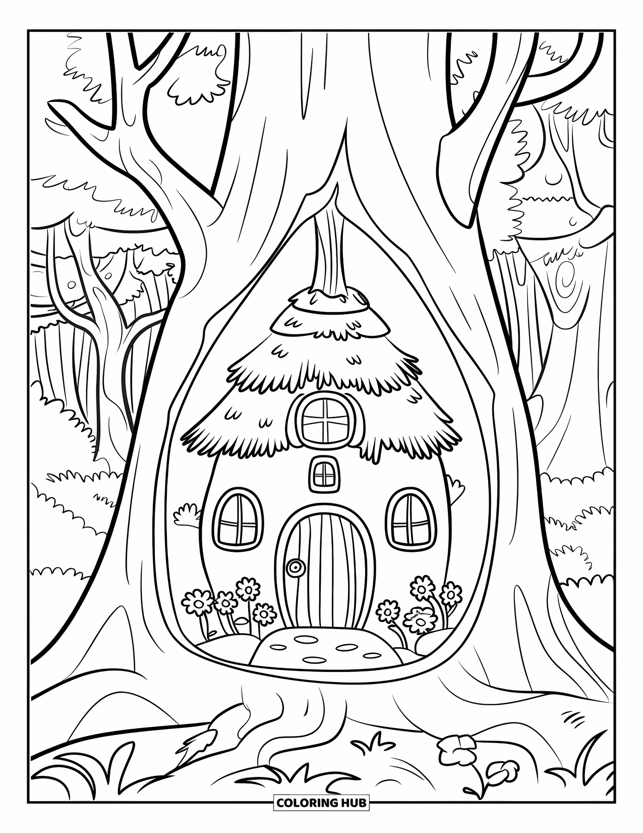 Enchanted Forest Coloring Page for Kids: Forest tree home with windows, flowers, and a wooden door