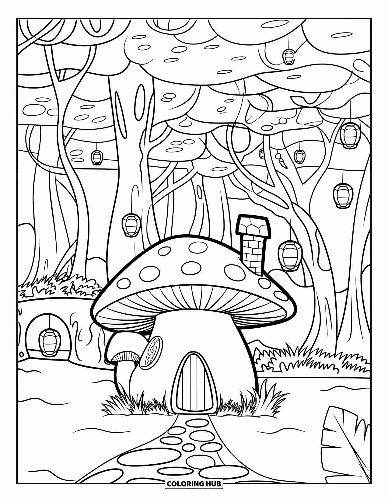 Enchanted Forest Coloring Page for Kids: Lantern-lit forest with a mushroom house and bridge nearby