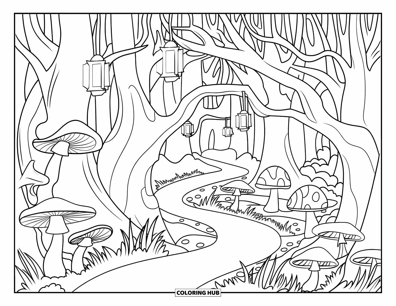 Enchanted Forest Coloring Page for Kids: Lantern-lit trail winding beneath arched trees and mushrooms