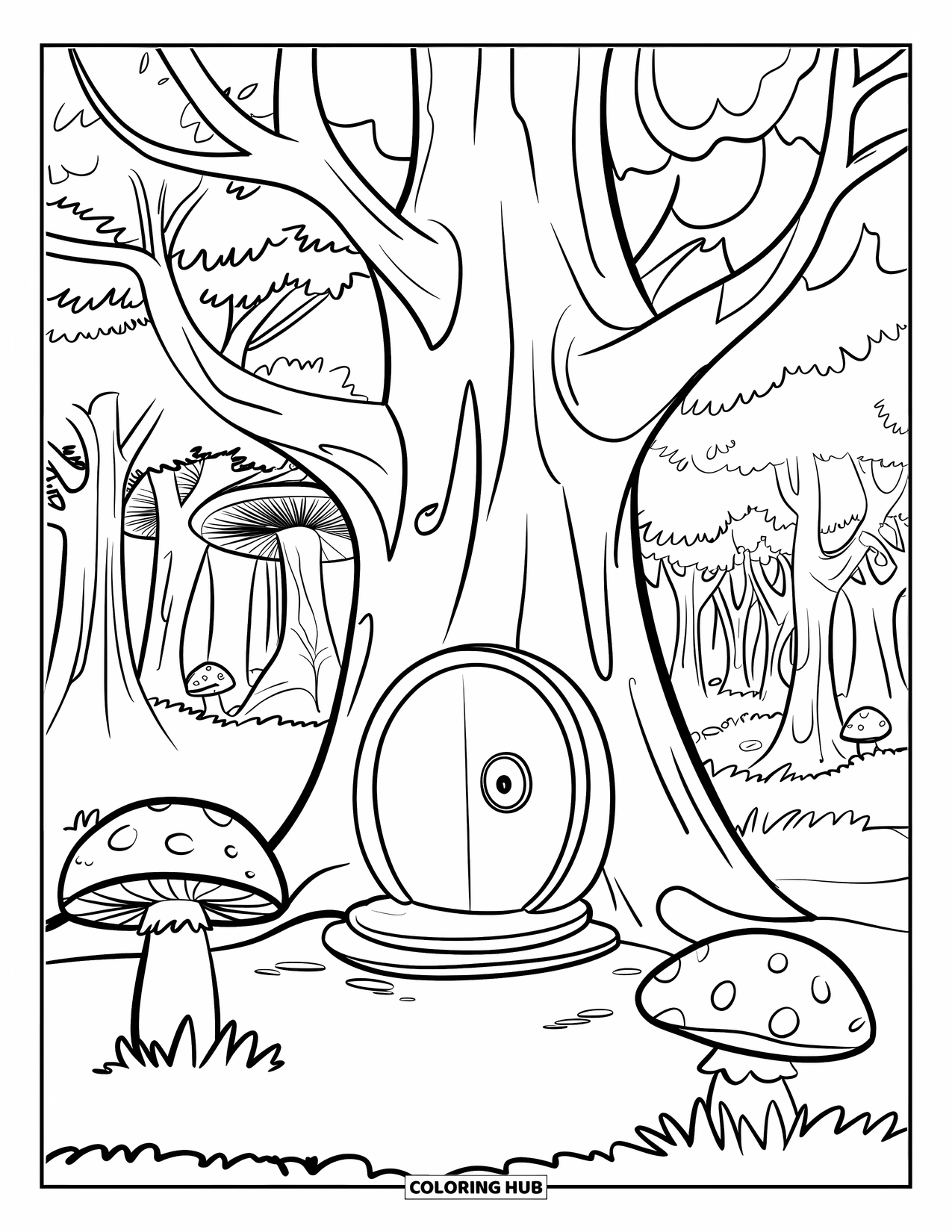 Enchanted Forest Coloring Page for Kids: Large tree with a round door among mushroom-filled forest