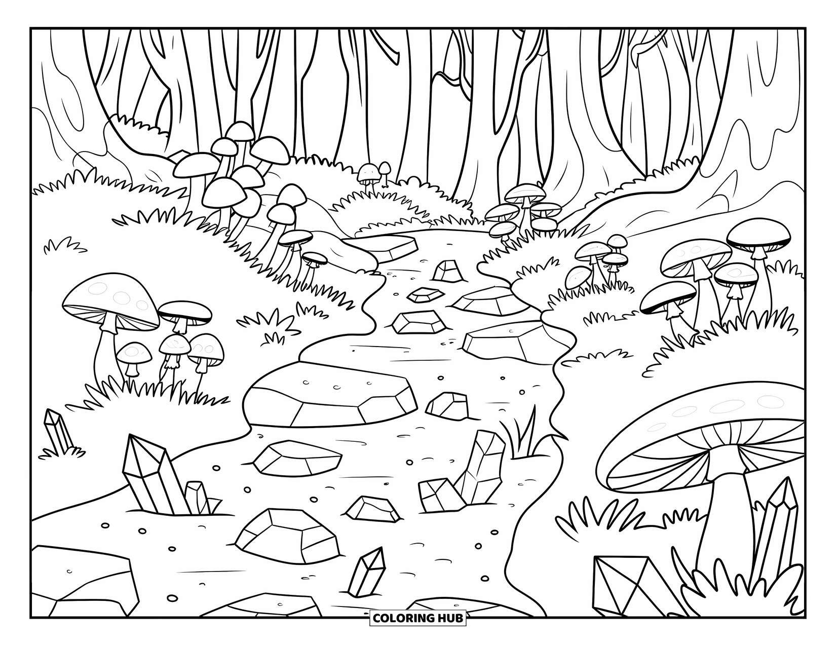 Enchanted Forest Coloring Page for Kids: Mushroom-filled rocky stream winding through an enchanted forest
