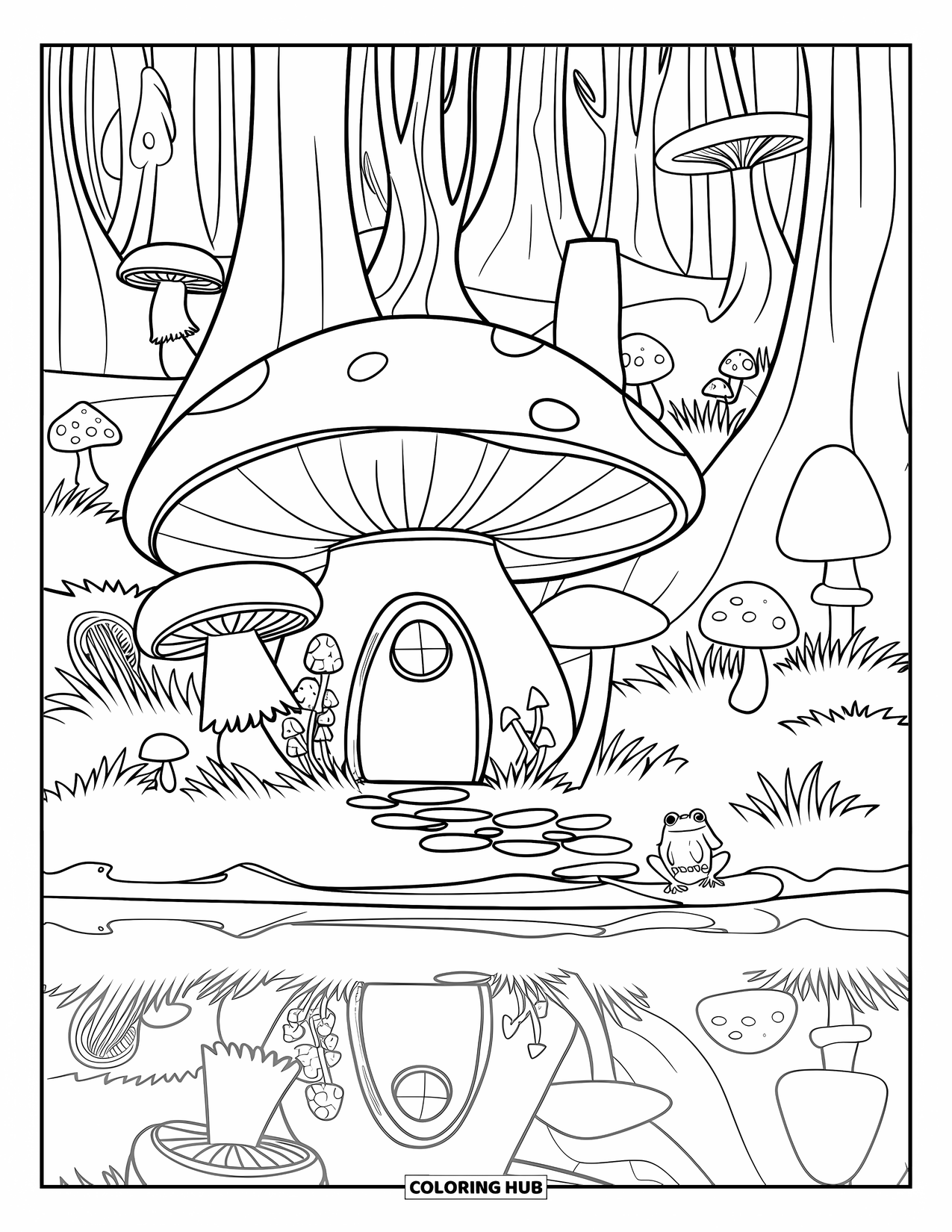Enchanted Forest Coloring Page for Kids: Mushroom house by a lake, with trees, frogs, and floating lights