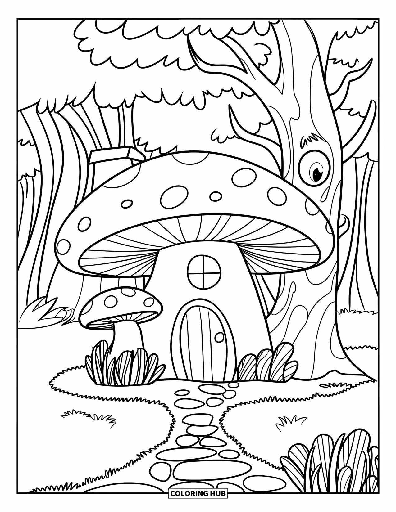Enchanted Forest Coloring Page for Kids: Mushroom house with chimney and stone path near a tree with a face