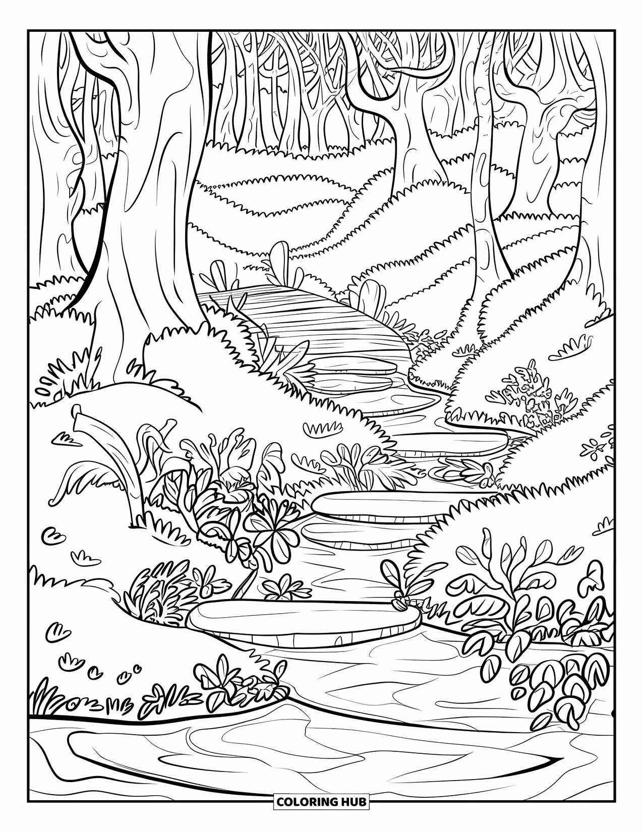 Enchanted Forest Coloring Page for Kids: Mystical spring with twisted trees and a wooden bridge