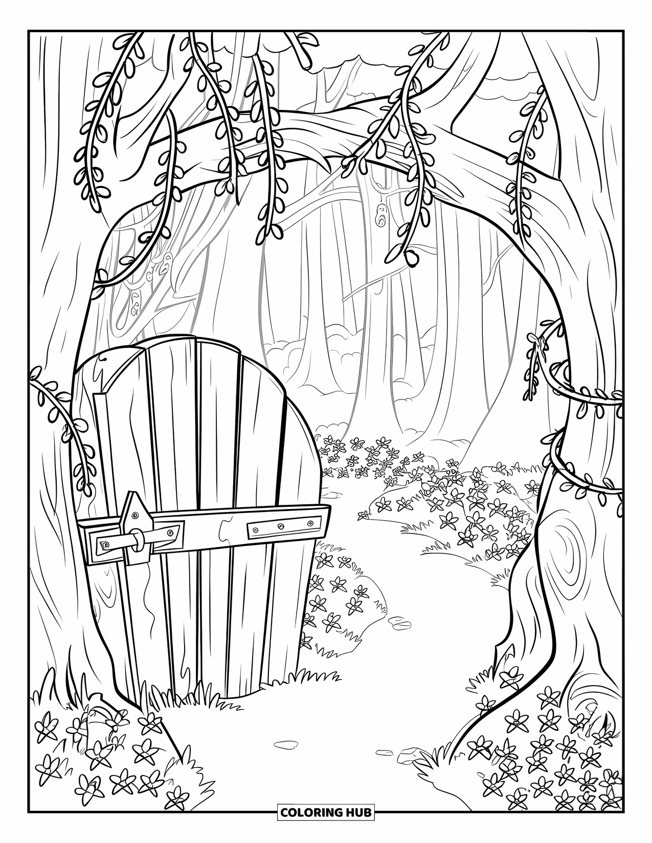Enchanted Forest Coloring Page for Kids: Secret forest path under vines with a locked wooden gate