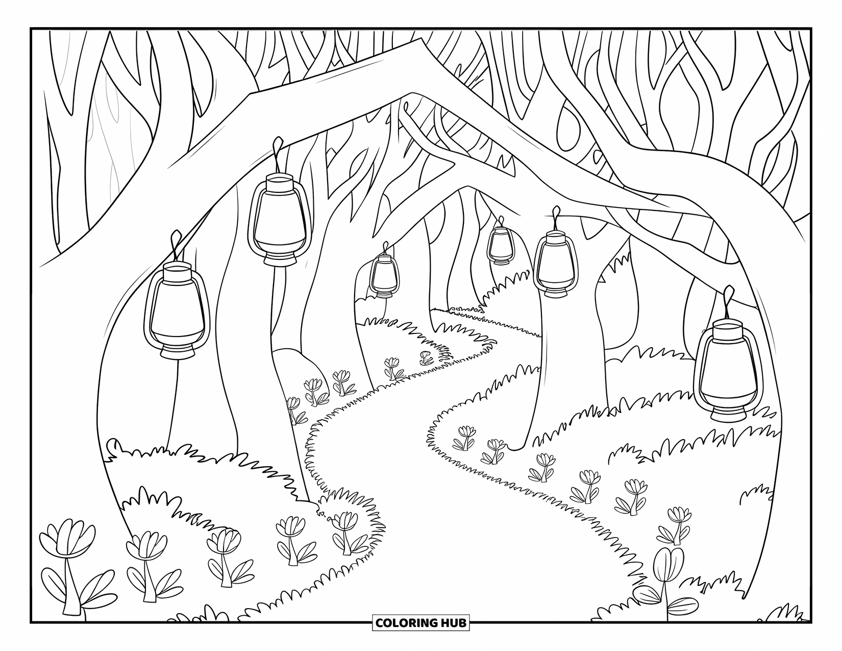 Enchanted Forest Coloring Page for Kids: Soft flowers and lanterns light the forest trail