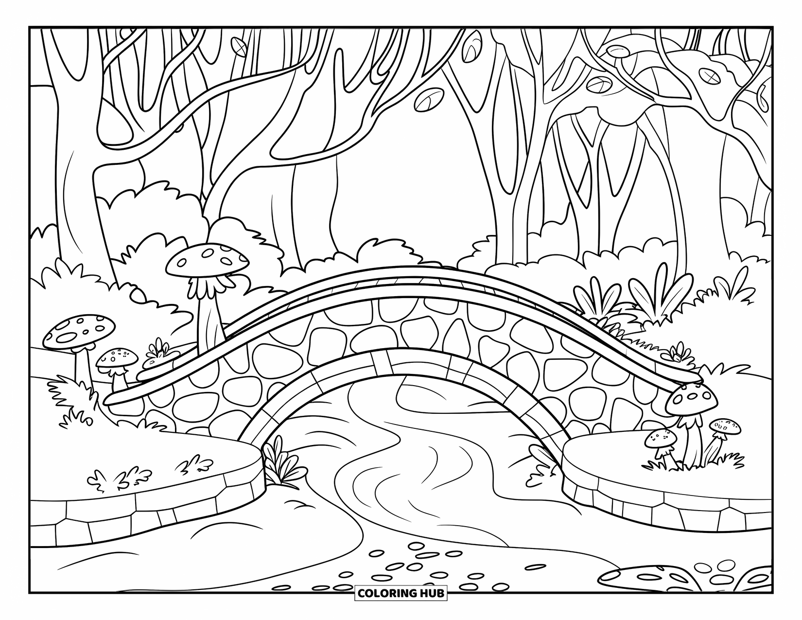 Enchanted Forest Coloring Page for Kids: Stone forest bridge over a clear creek lined with mushrooms