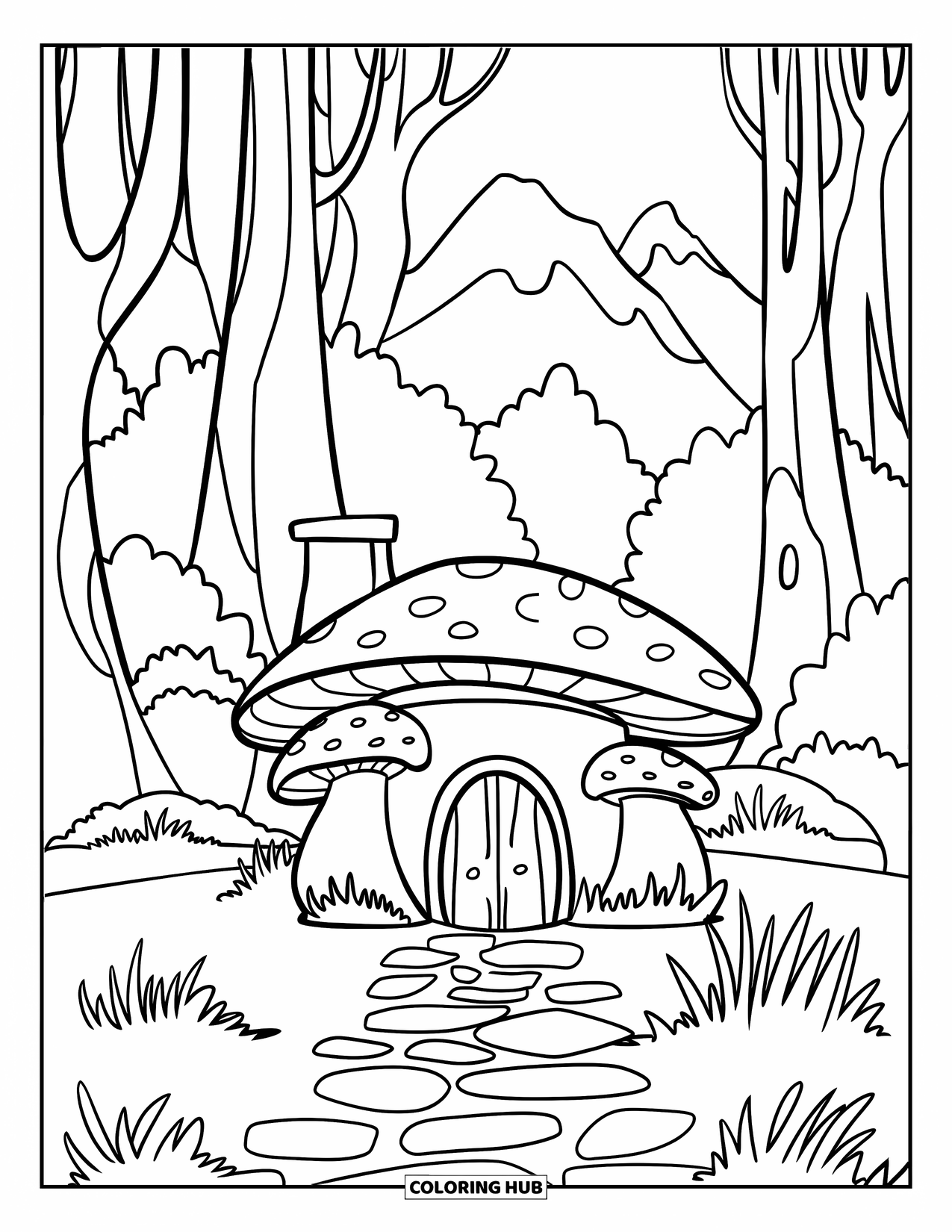 Enchanted Forest Coloring Page for Kids: Stone path leads to a mushroom house in a tall tree forest