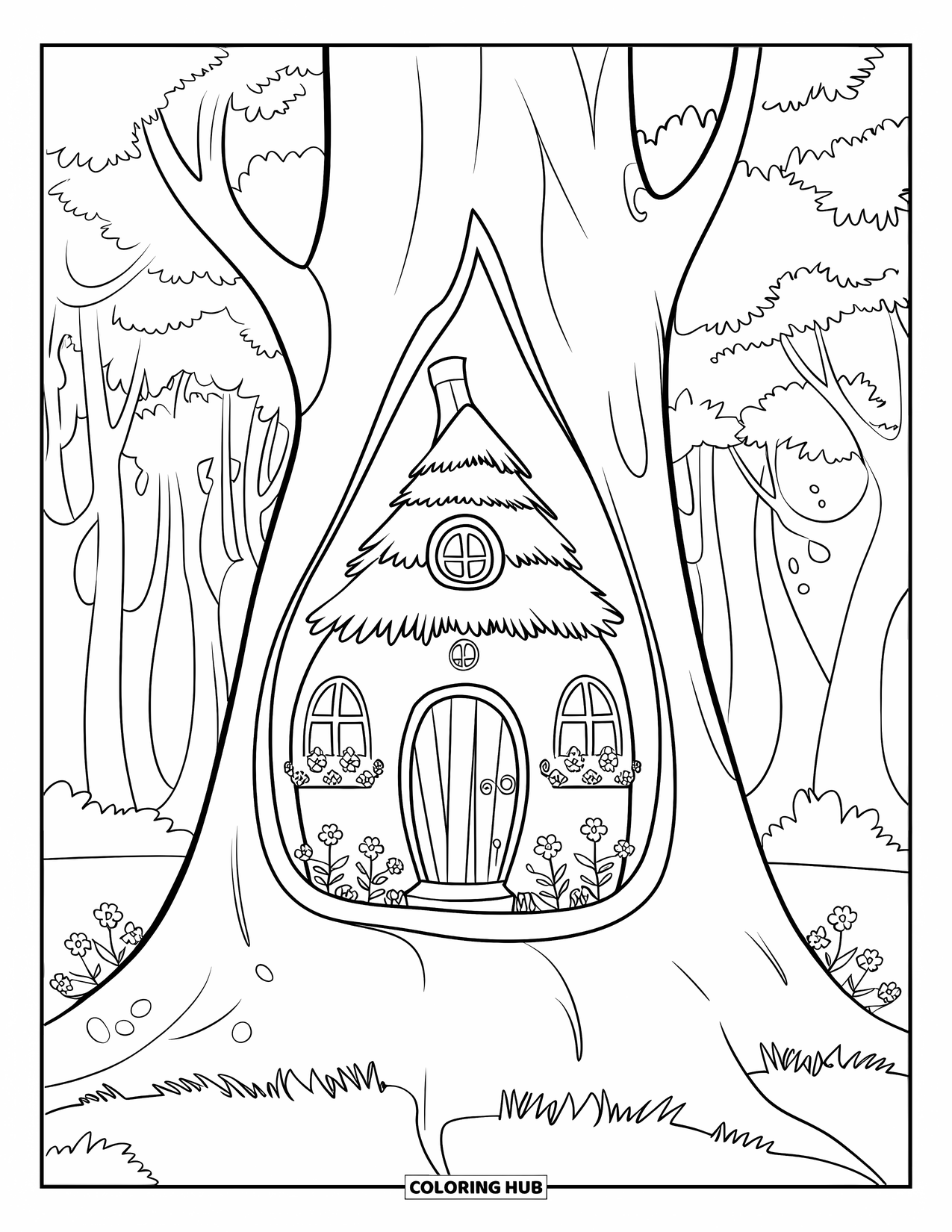 Enchanted Forest Coloring Page for Kids: Thatched tree trunk home surrounded by flowers and tall trees