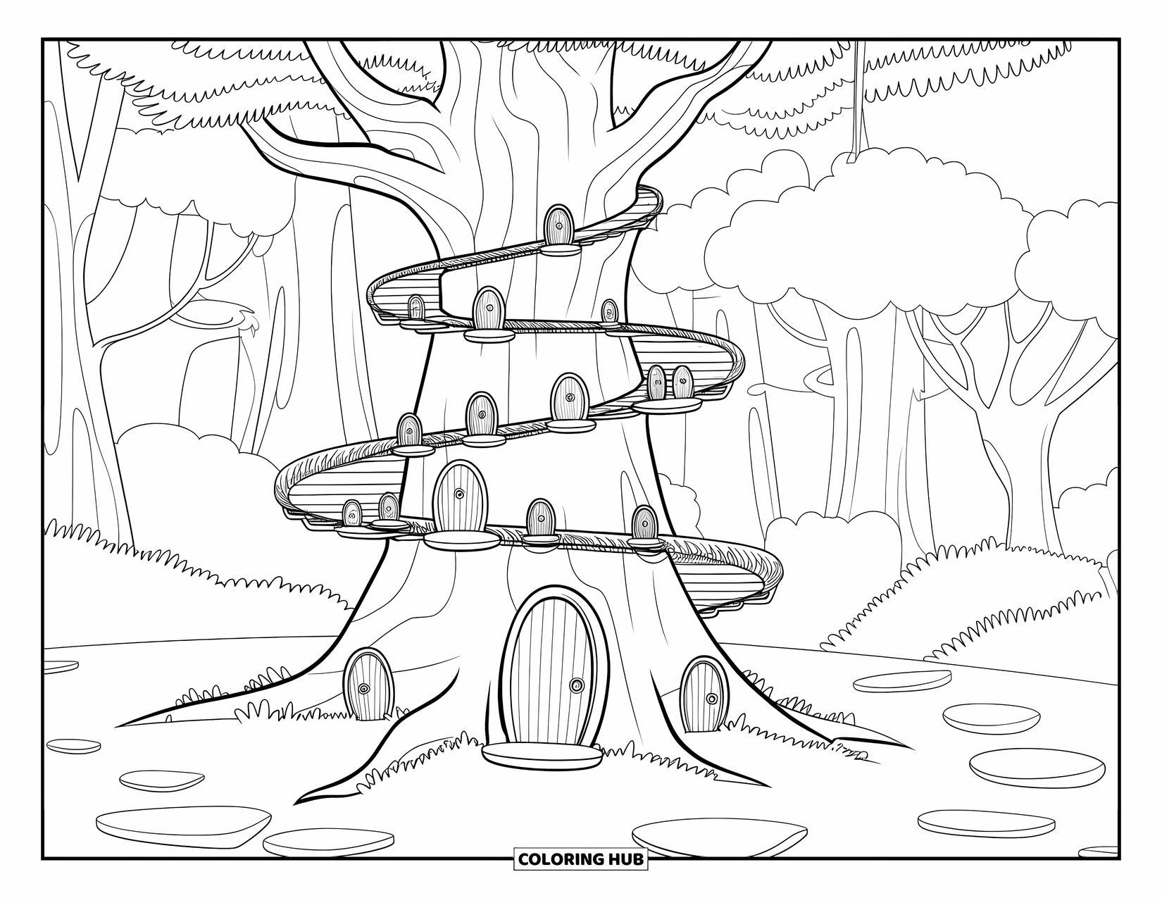 Enchanted Forest Coloring Page for Kids: Thick tree with spiral branches and tiny doors along a forest path