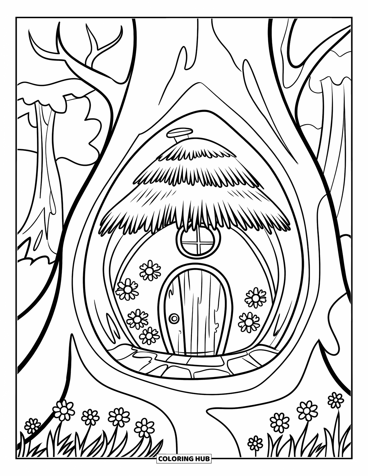 Enchanted Forest Coloring Page for Kids: Tiny tree trunk house with flowers in a magical forest
