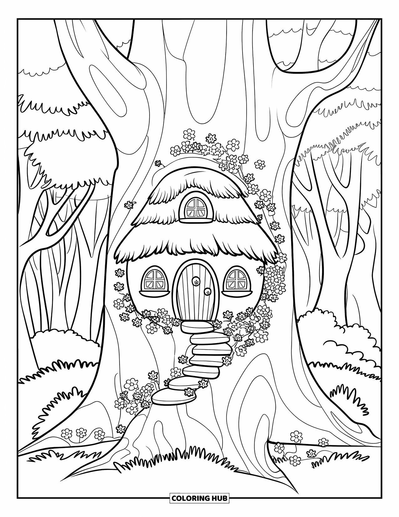 Enchanted Forest Coloring Page for Kids: Tree trunk home with a spiral staircase and flower-filled forest