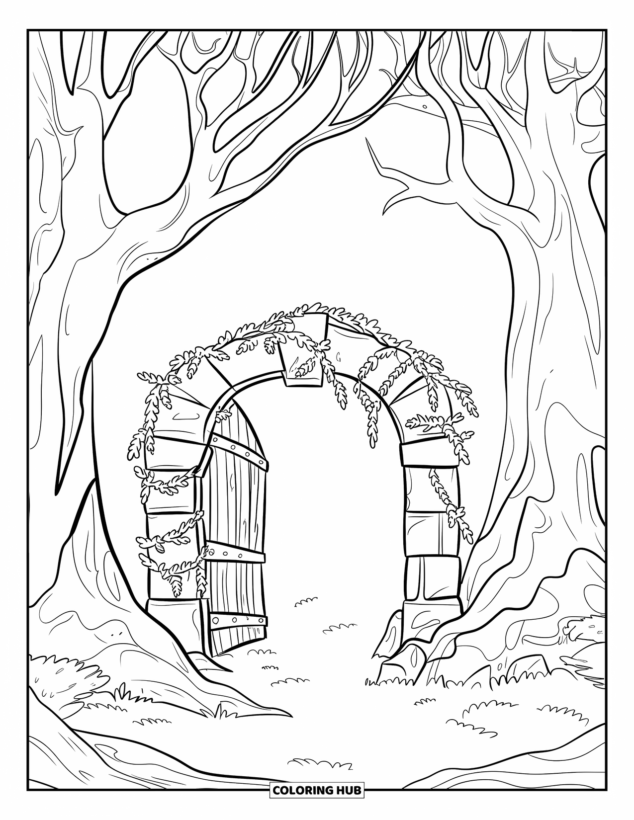 Enchanted Forest Coloring Page for Kids: Vine-covered gate between ancient trees in a quiet forest
