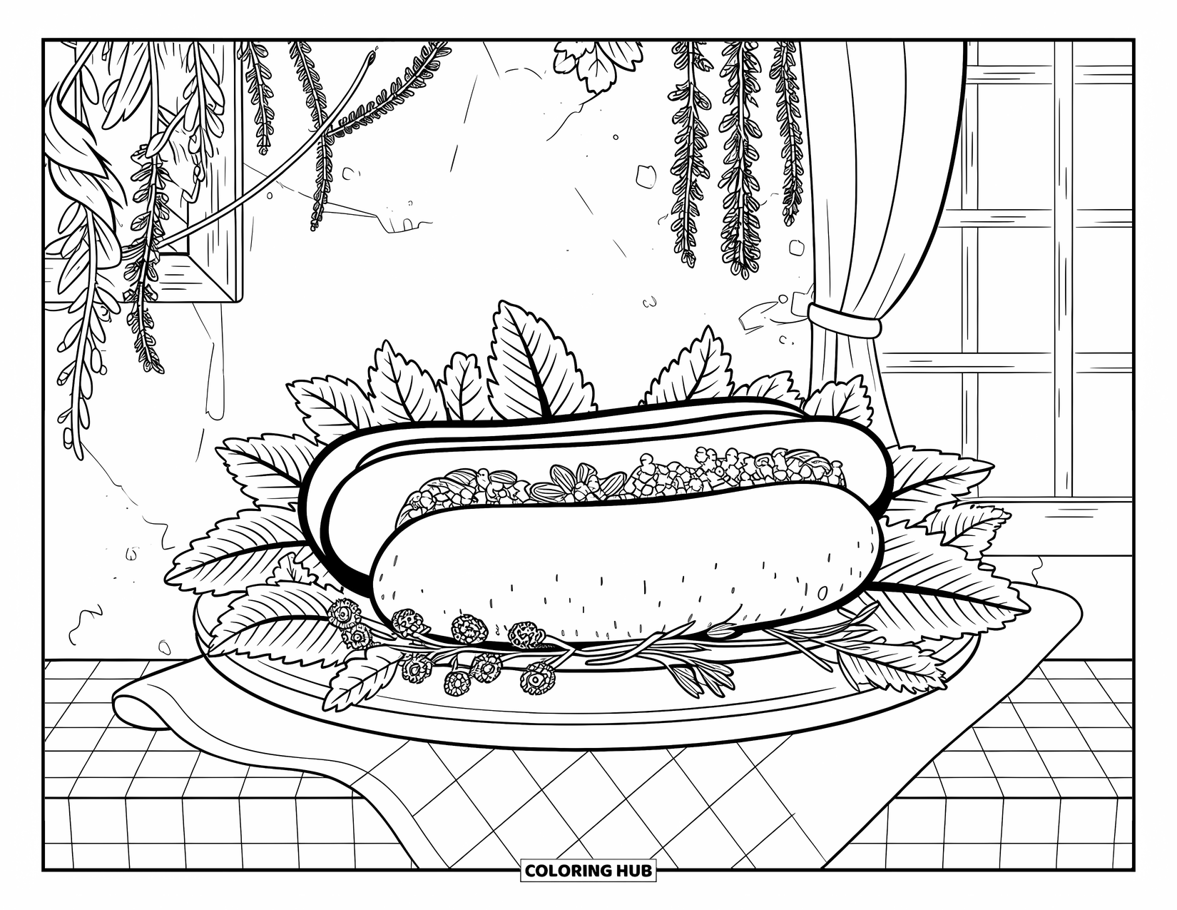 Fast Food Coloring Page for Adults: A cozy hotdog scene with floral vines and rustic wooden textures