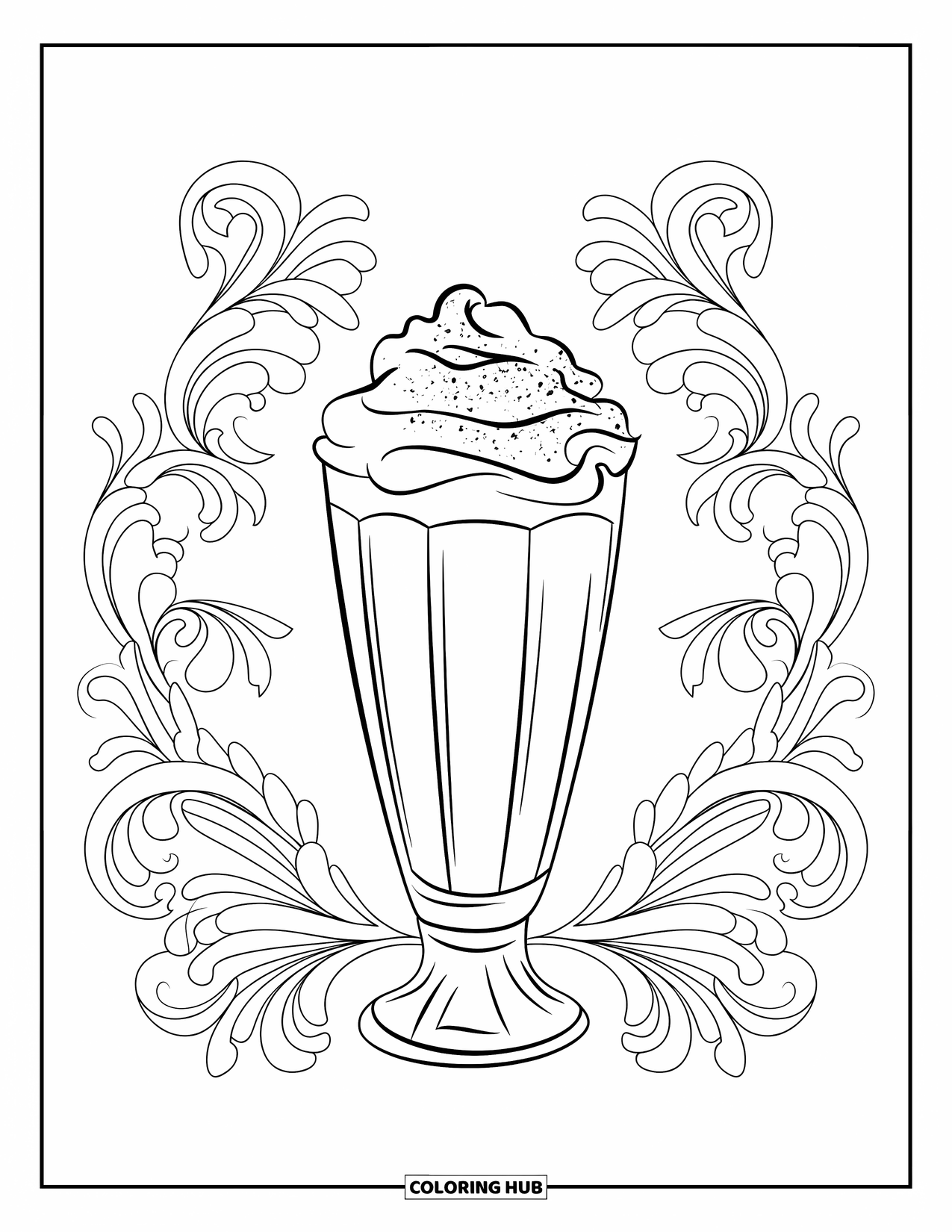 Fast Food Coloring Page for Adults: A cozy milkshake with whipped cream and floral swirls creates a sweet and elegant design