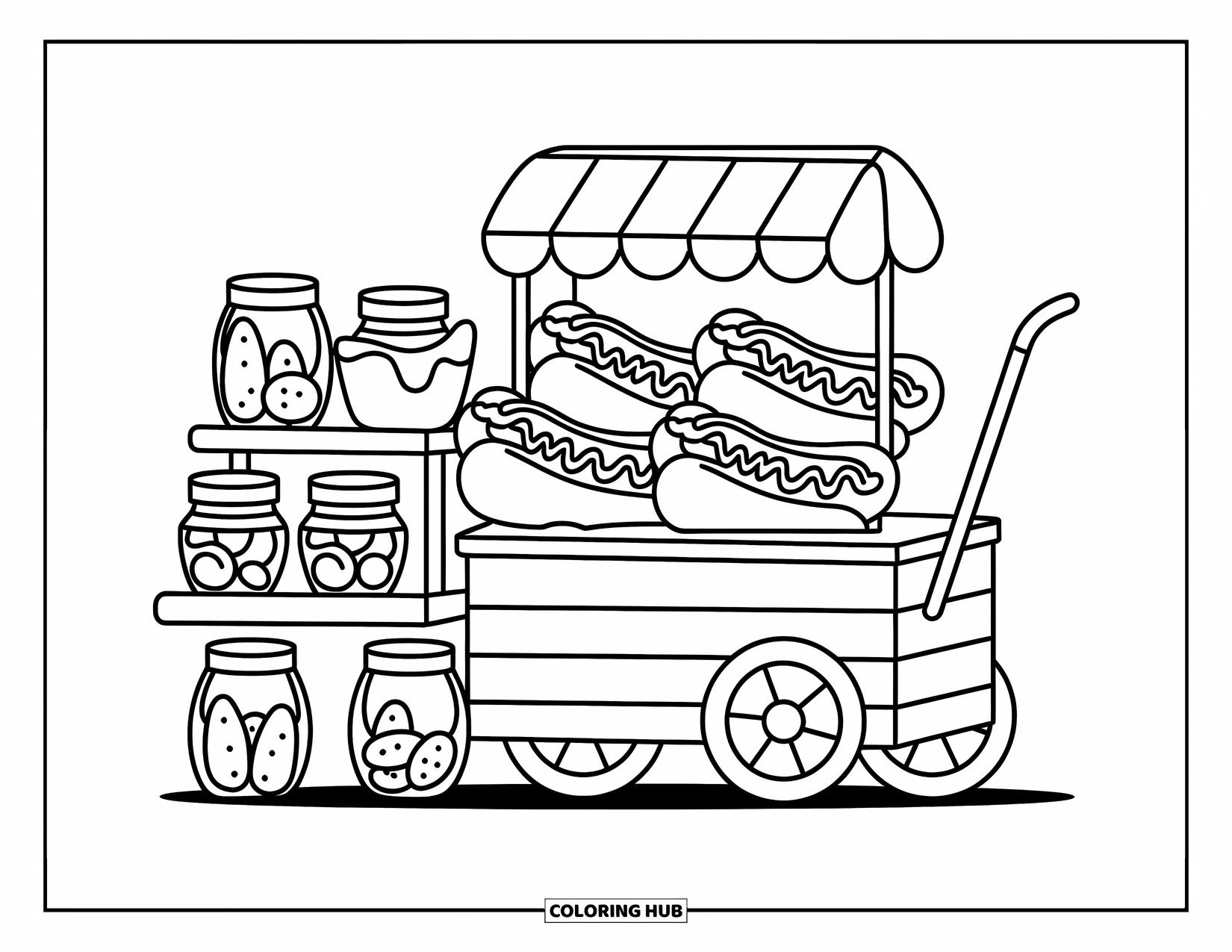 Fast Food Coloring Page for Adults: A cozy pushcart offers hot dogs with a cheerful toppings station beside it