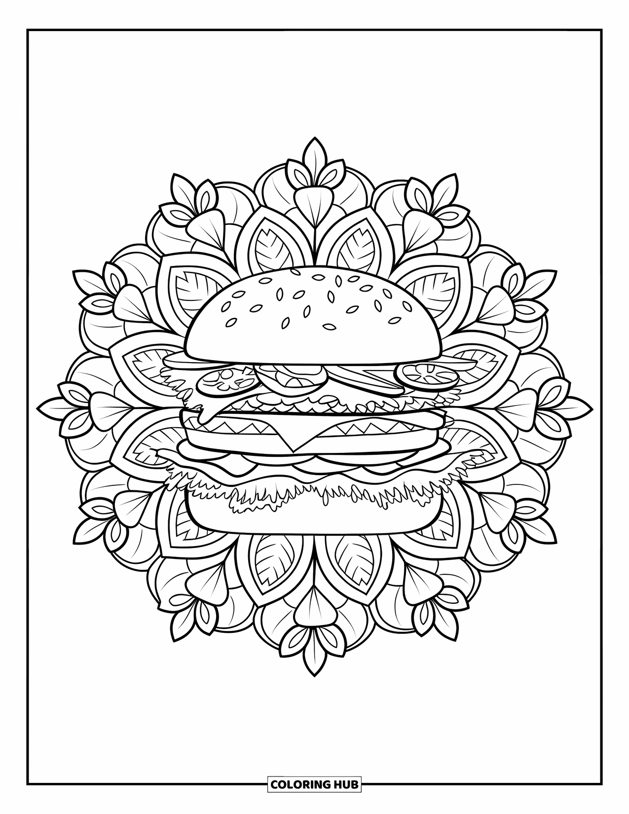 Fast Food Coloring Page for Adults: A double-patty burger rests in the middle of a blooming botanical mandala