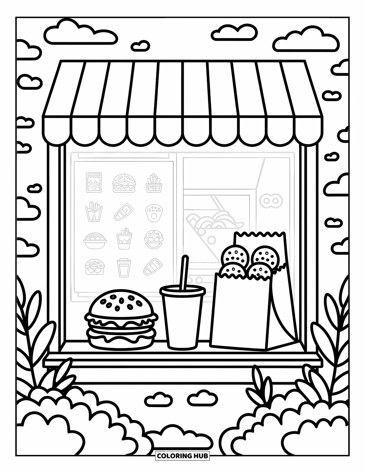 Fast Food Coloring Page for Adults: A drive-thru window with burger, fries, drink, and cookie packs sits under a striped awning